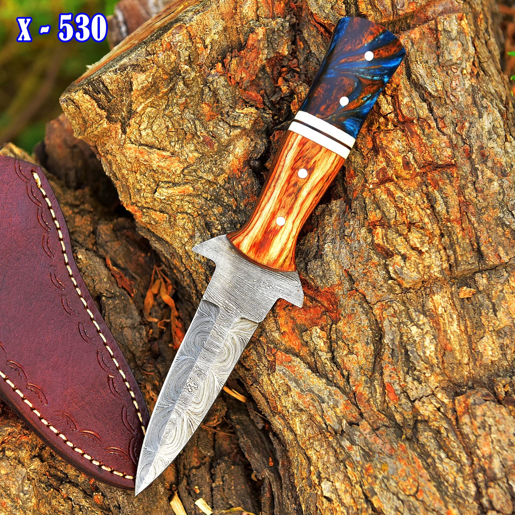 Handcrafted Damascus Steel Double Edge Blade Dagger Knife Wood Resin Handle - Image 2