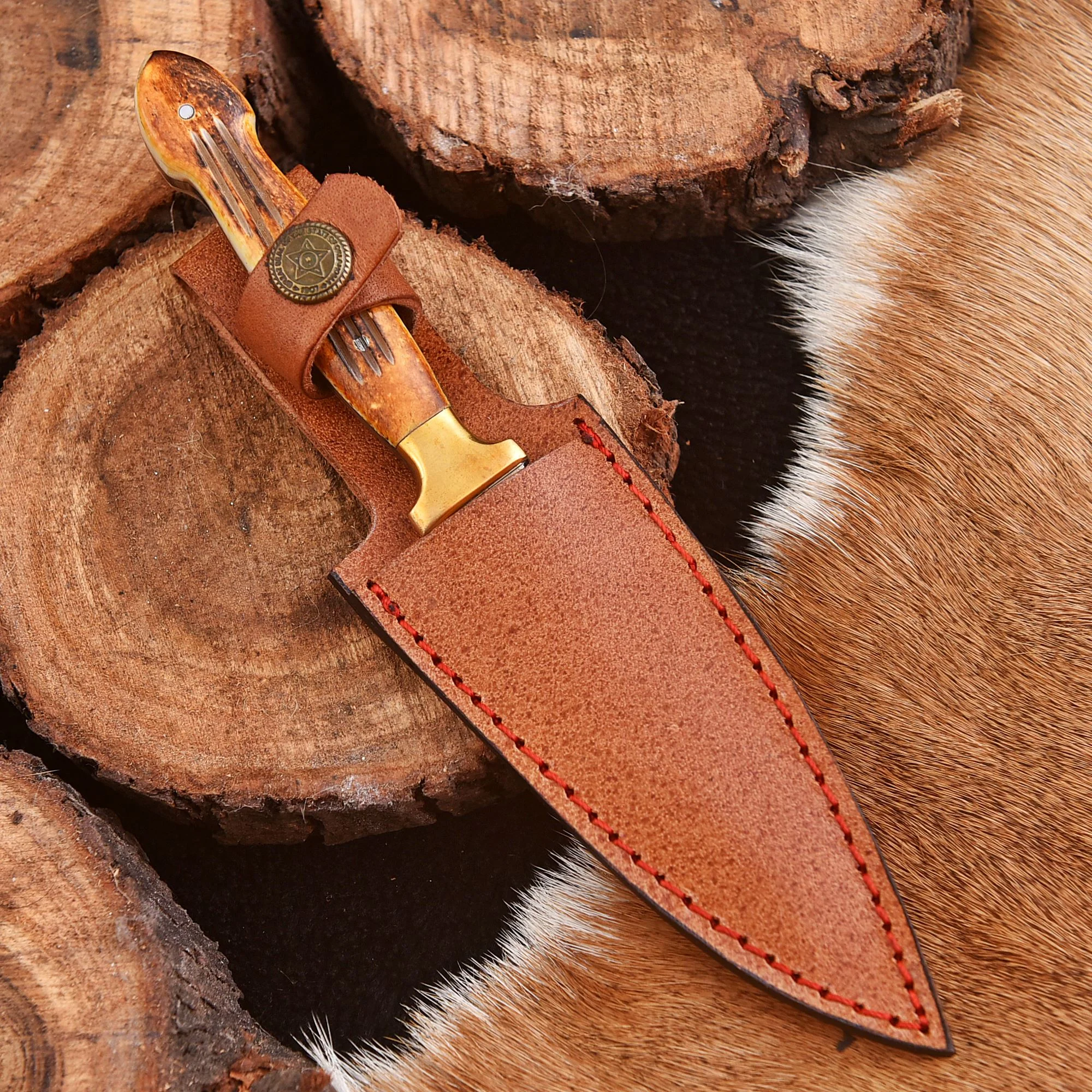 Handmade Carbon Steel High Polish Dagger Full Tang Knife Stag Handle - Image 5