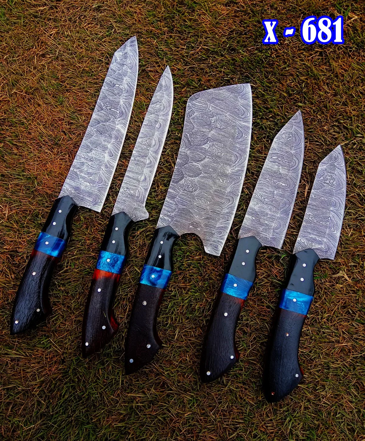 Handmade Damascus 5 PCS Kitchen Knife Set Chef Cutlery Set Wood Resin Handle - Image 4