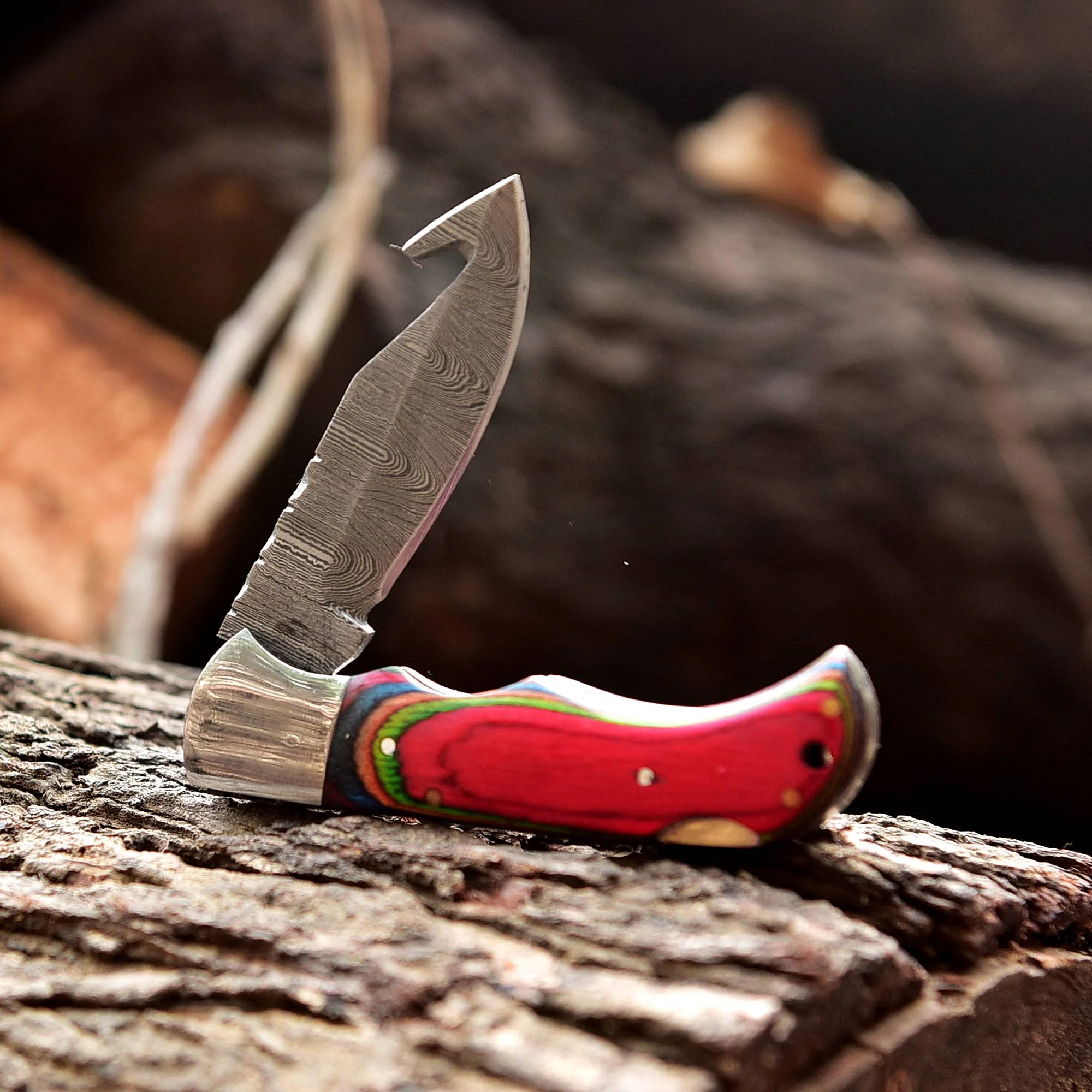 Handmade Damascus Back Lock Folding Gut Hook Blade Hunting Pocket Knife - Image 4