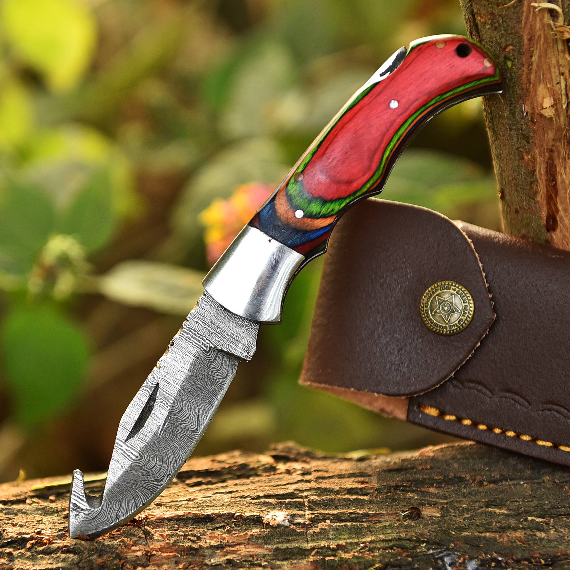 Handmade Damascus Back Lock Folding Gut Hook Blade Hunting Pocket Knife - Image 5