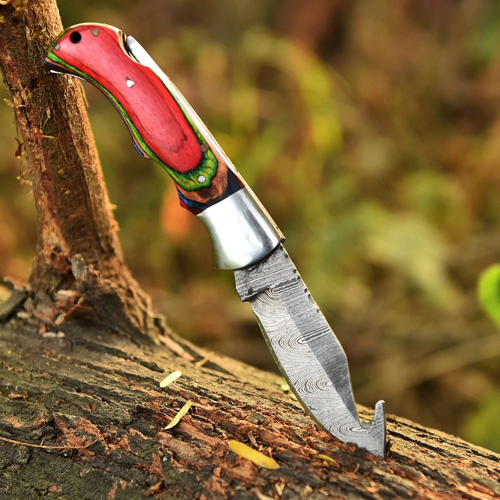 Handmade Damascus Back Lock Folding Gut Hook Blade Hunting Pocket Knife - Image 6