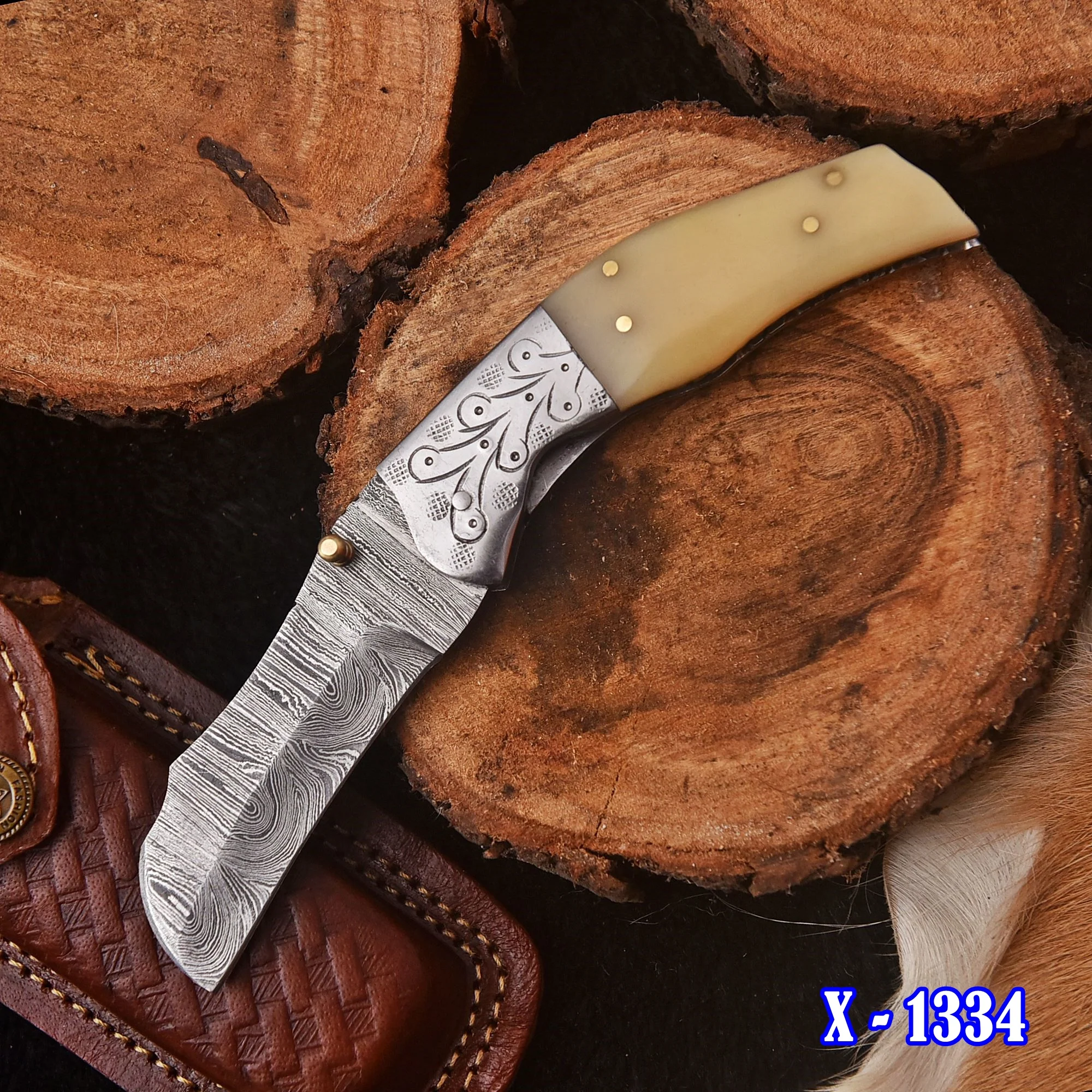 Handmade Damascus Folding Blade Pocket Camping Knife Camel Bone Handle - Image 2