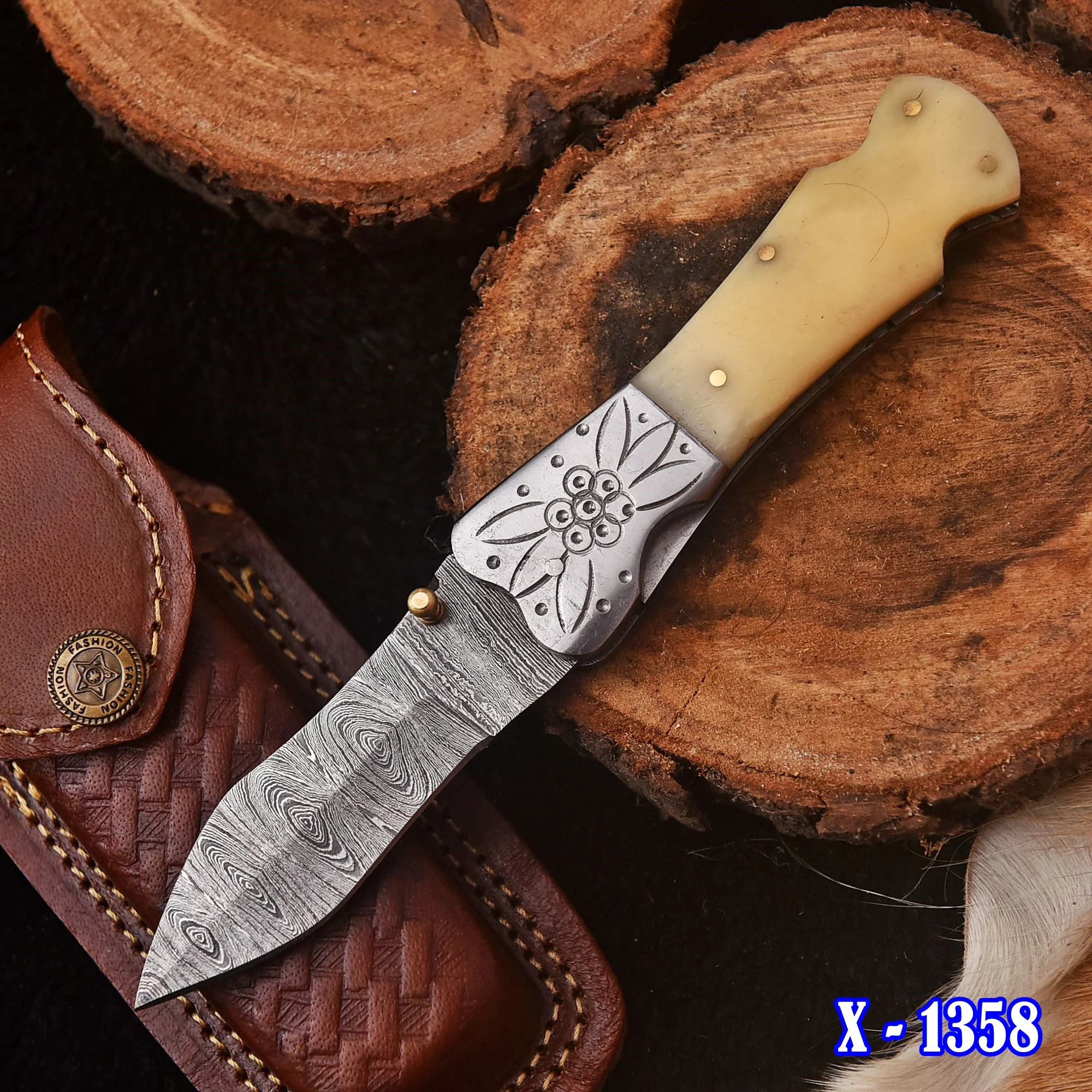 Handmade Damascus Folding Blade Pocket Knife Camel Bone Handle - Image 2