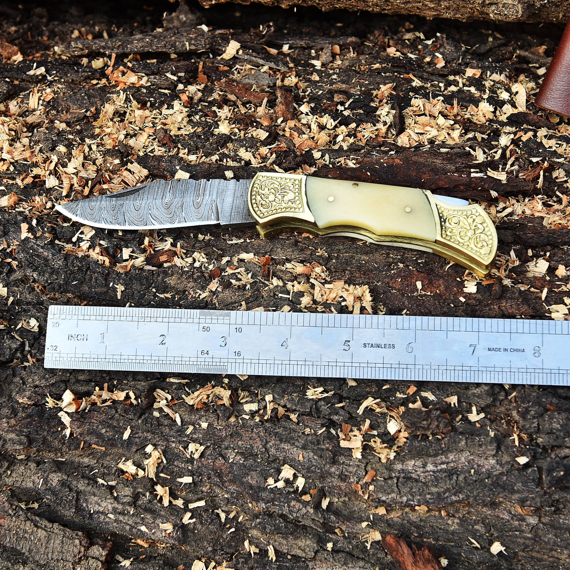 Handmade Damascus Folding Knife Hiking Gift Knife Camel Bone Handle - Image 4