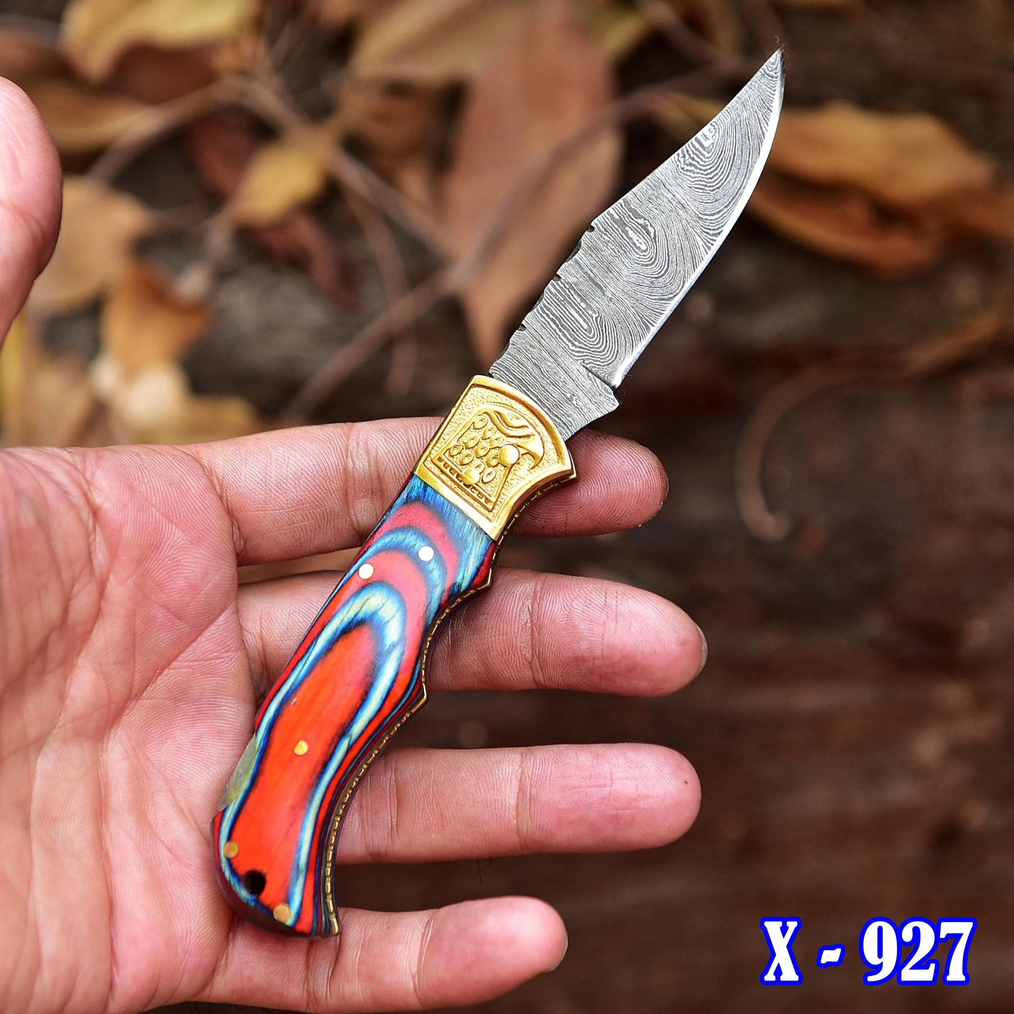 Handmade Damascus Folding Pocket Back Lock Camping Knife Wood Handle - Image 3
