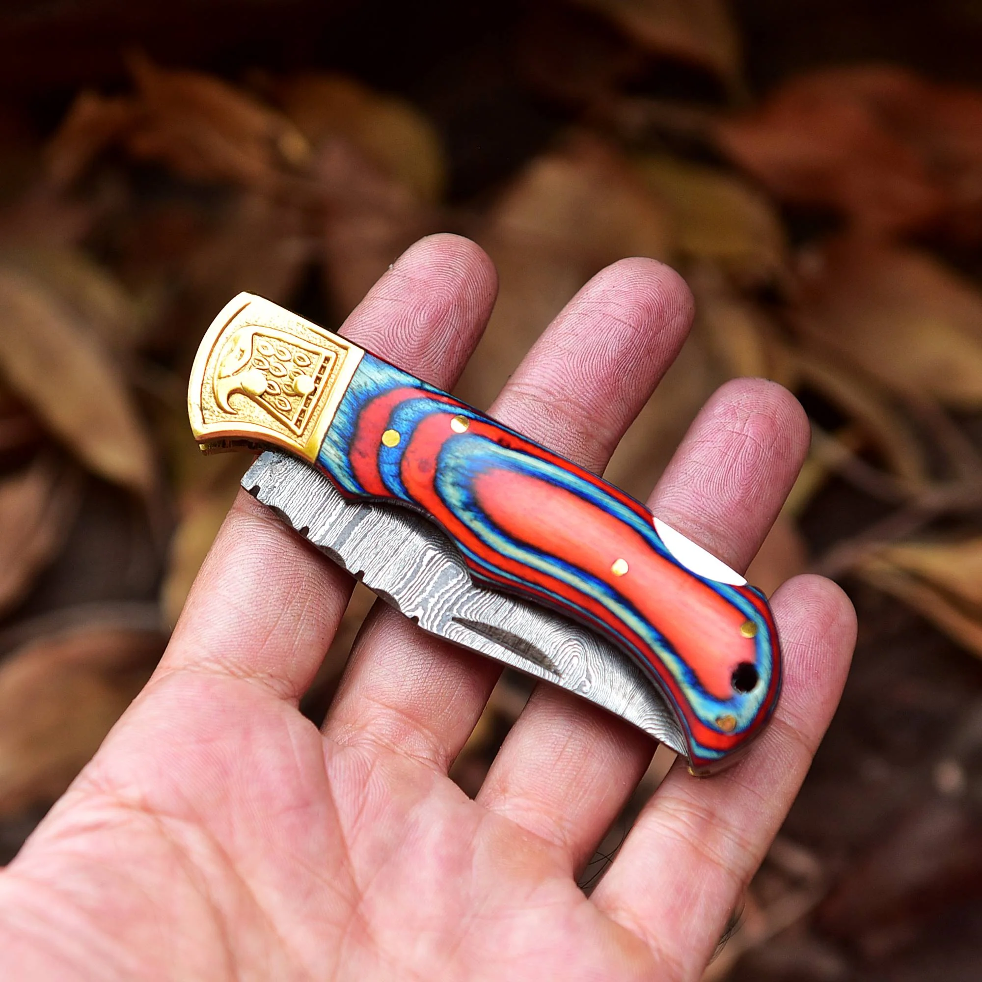 Handmade Damascus Folding Pocket Back Lock Camping Knife Wood Handle - Image 5