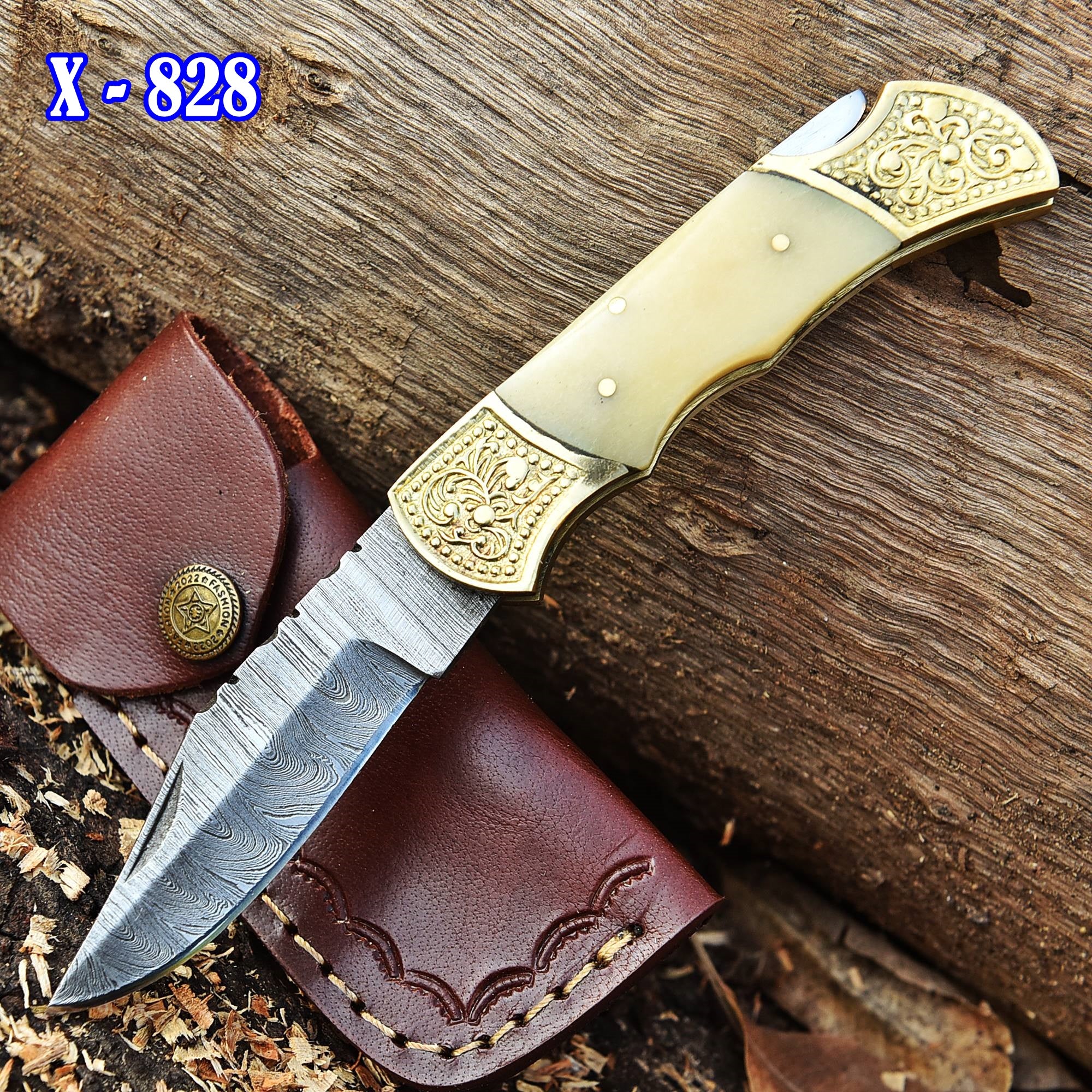 Handmade Damascus knife Folding Blade Pocket - Natural Bone Handle - Image 5