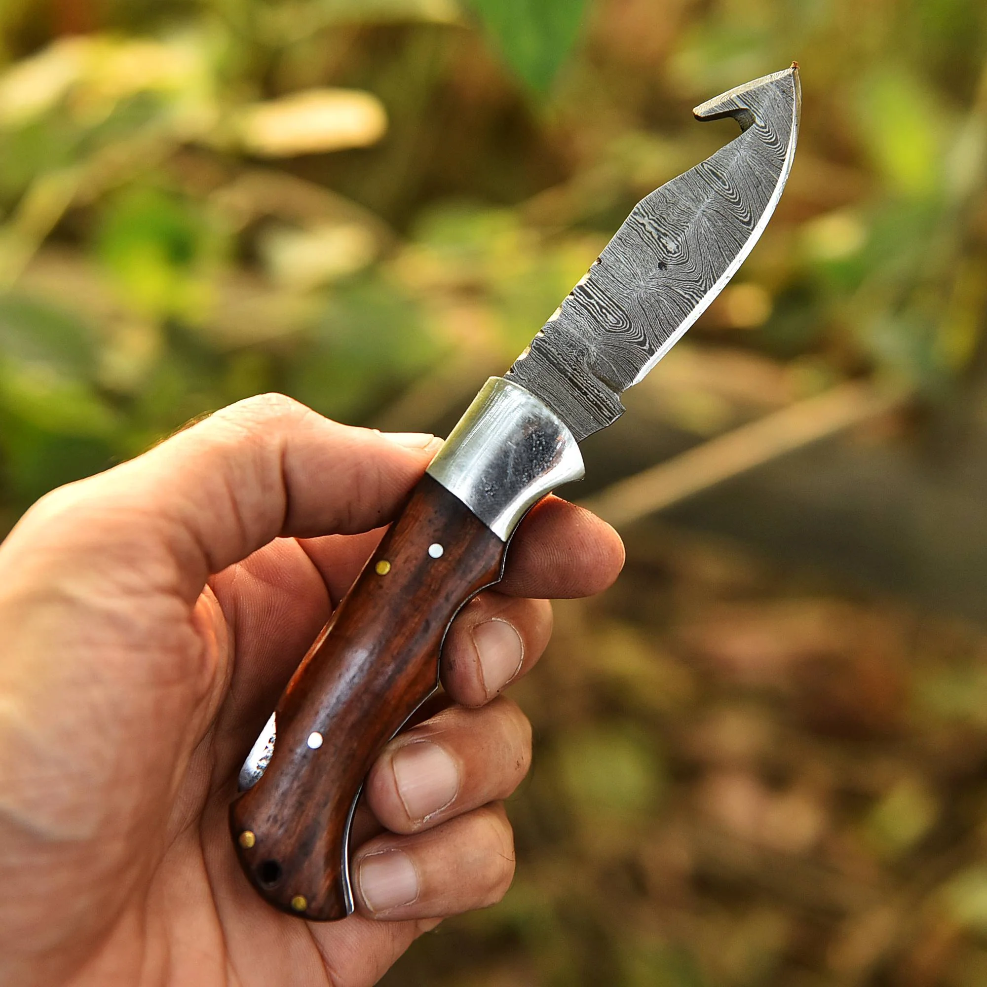 Handmade Damascus Outdoor Camping Folding Gut Hook Blade Pocket Knife - Image 7