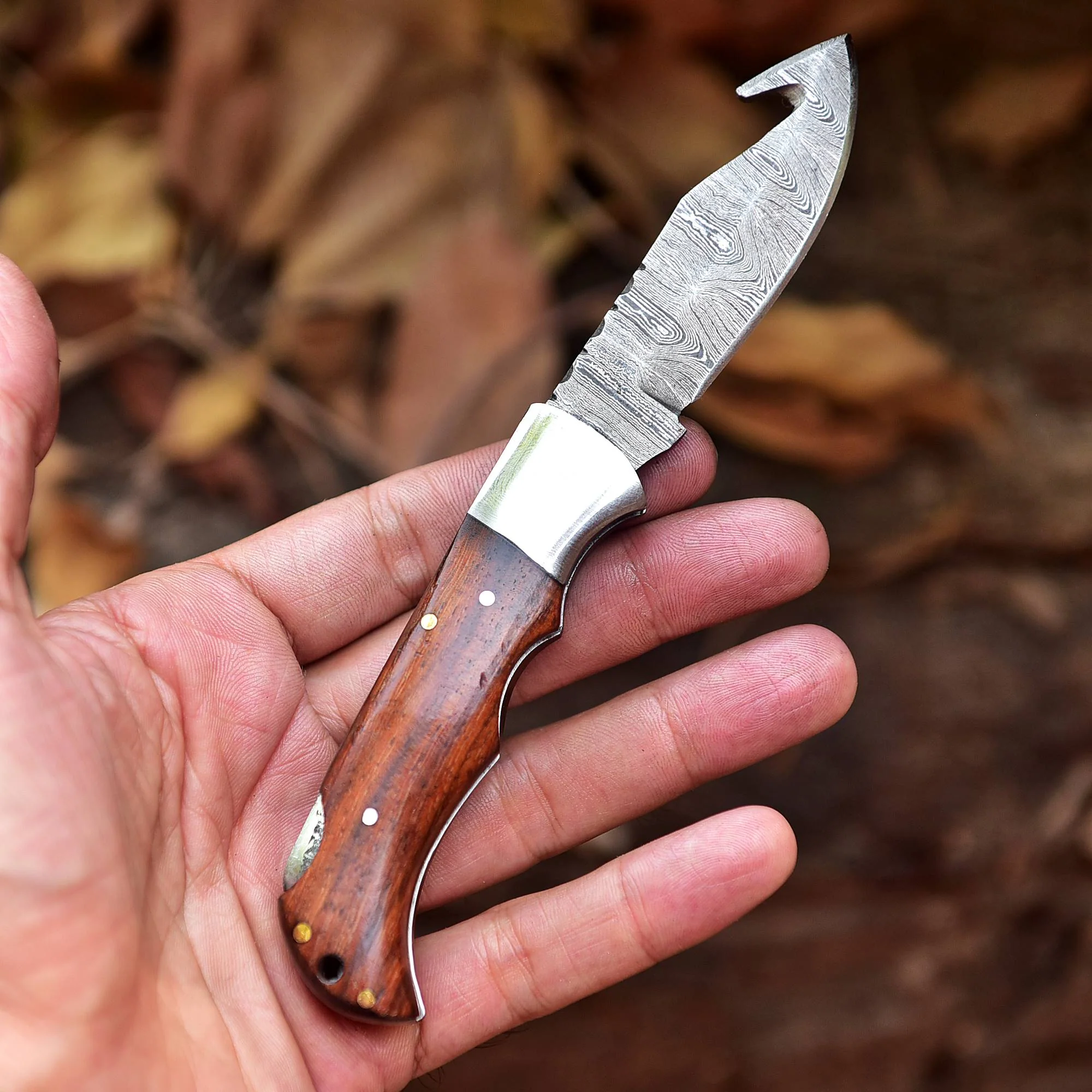 Handmade Damascus Pocket Folding Guthook Blade Knife - Rose-Wood Handle - Image 3