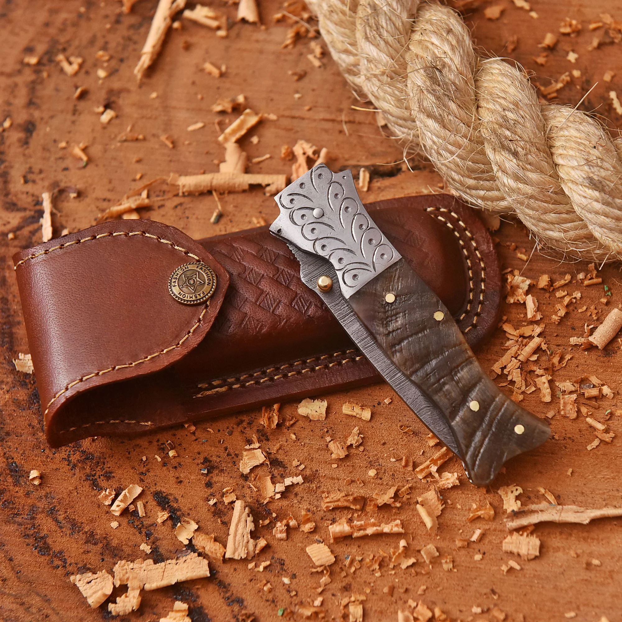 Handmade Damascus Pocket Folding Knife Ram Horn Handle Camping Knife - Image 5