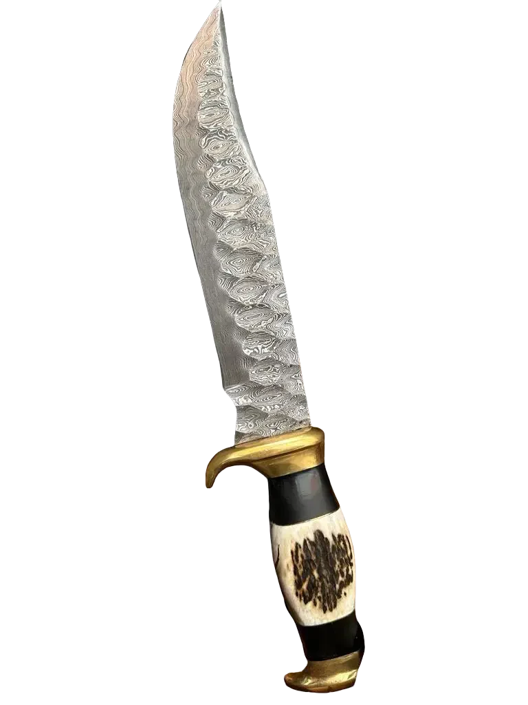 17" Handcrafted Damascus Steel Outdoor Bowie Knife with Stag Crown & Bull Horn Handle - Image 5