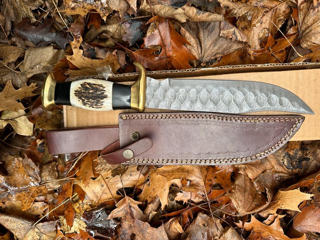 17" Handcrafted Damascus Steel Outdoor Bowie Knife with Stag Crown & Bull Horn Handle - Image 6