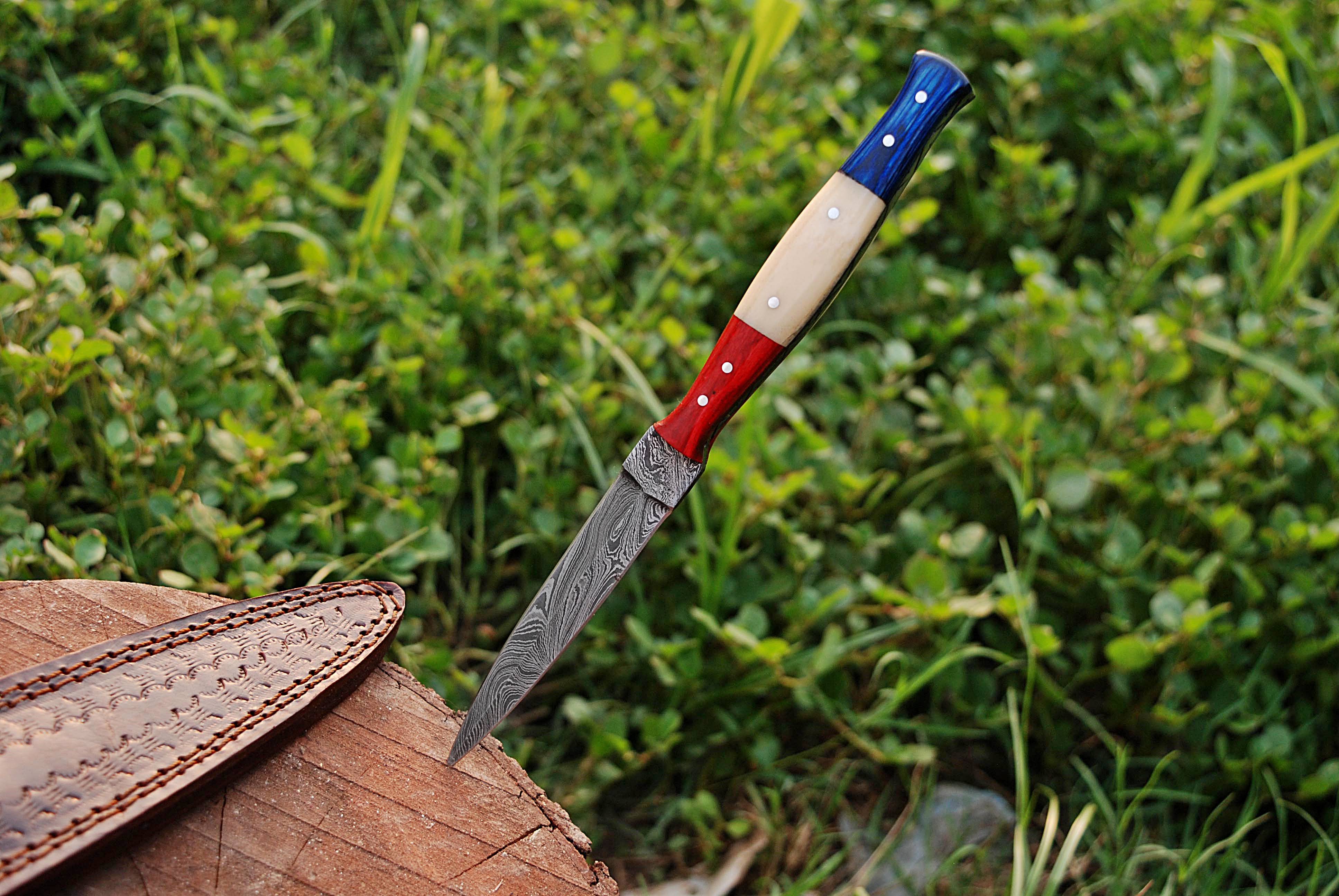 Handmade Damascus Steel Combat Knife Ideal Boot Knife Camel Bone & Wood Handle - Image 4