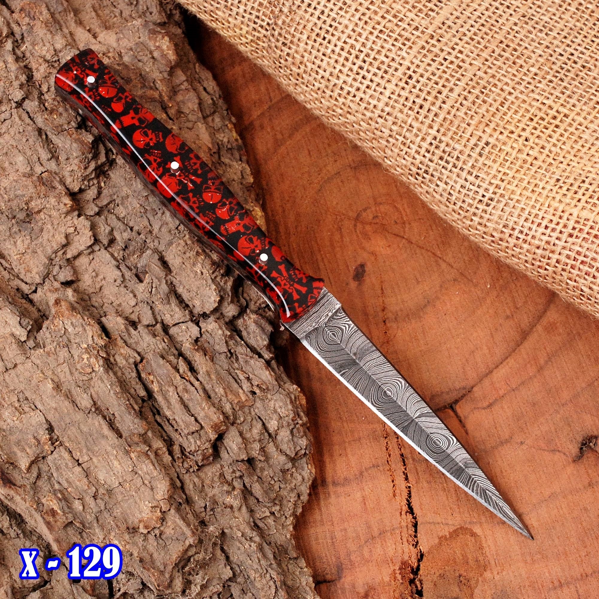 Handmade Damascus Steel Dagger Knife - Full Tang Knife - Red Skull Resin Handle - Image 6