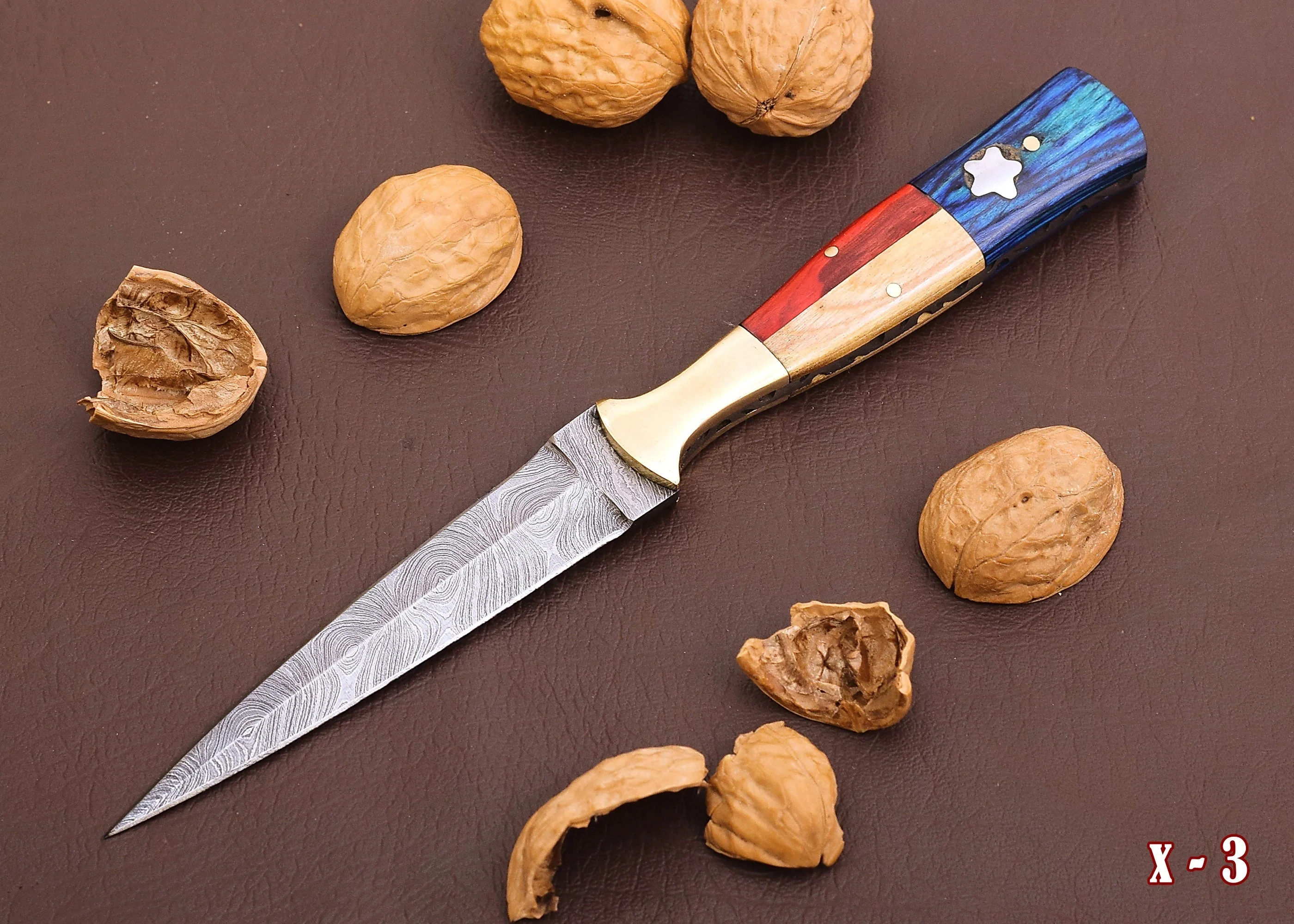 Handmade Damascus Steel Double - Edged Blade Dagger Boot Knife Ideal Throwing with Texas Flag Handle - Image 4
