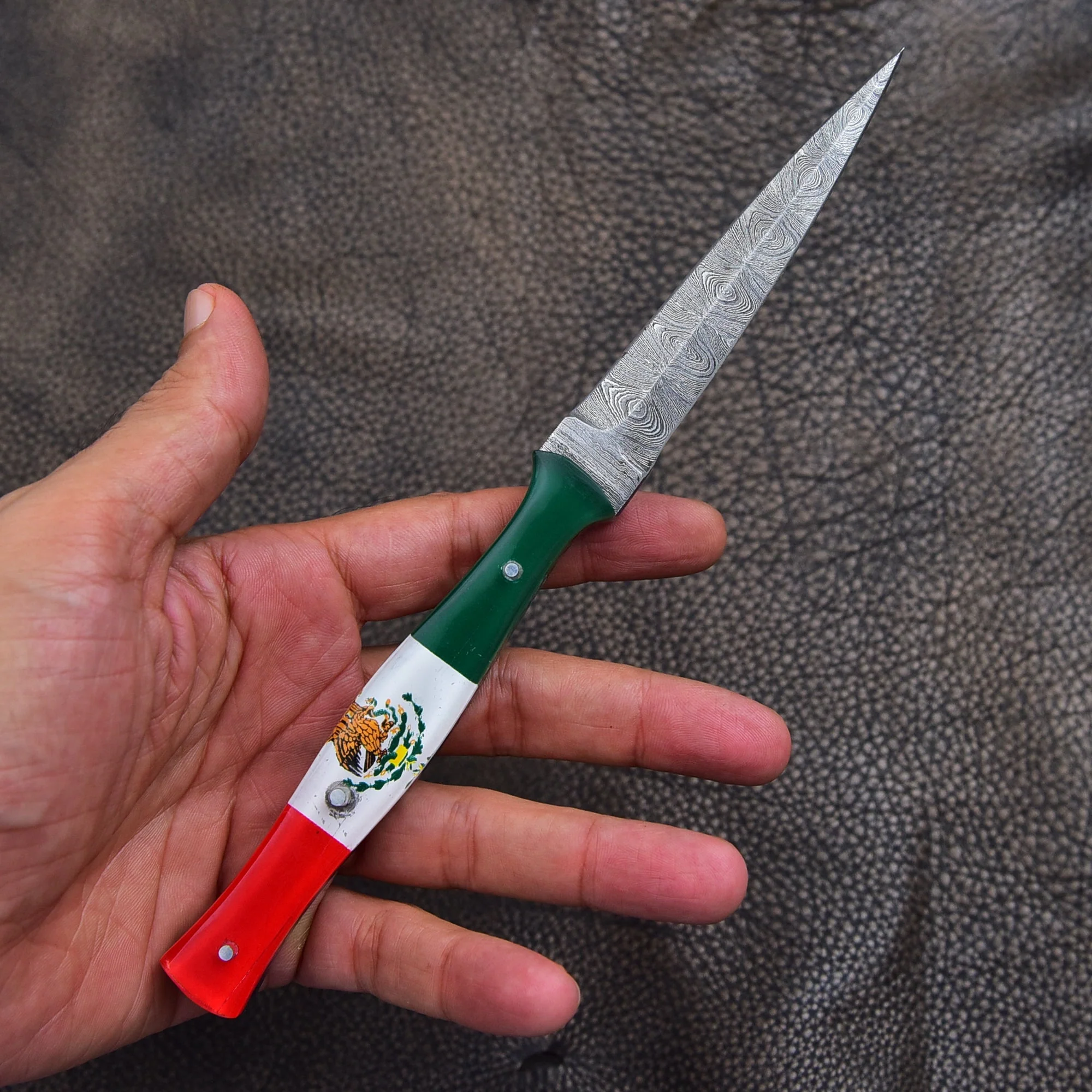 Handmade Damascus Steel Double Edged Blade Knife with Mexican Flag Handle Boot Knives - Image 3