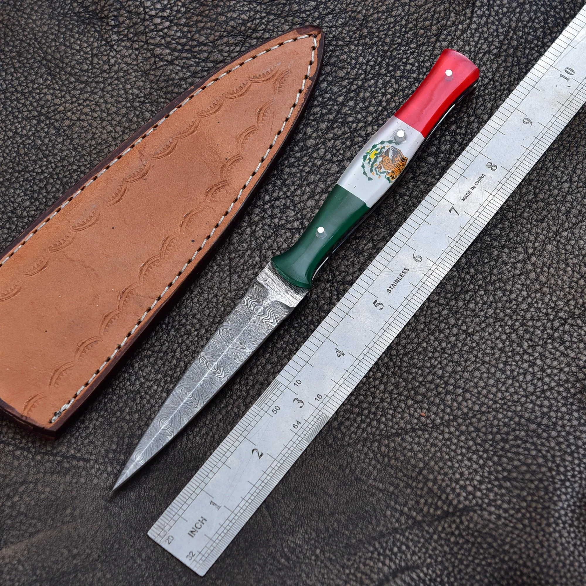 Handmade Damascus Steel Double Edged Blade Knife with Mexican Flag Handle Boot Knives - Image 4