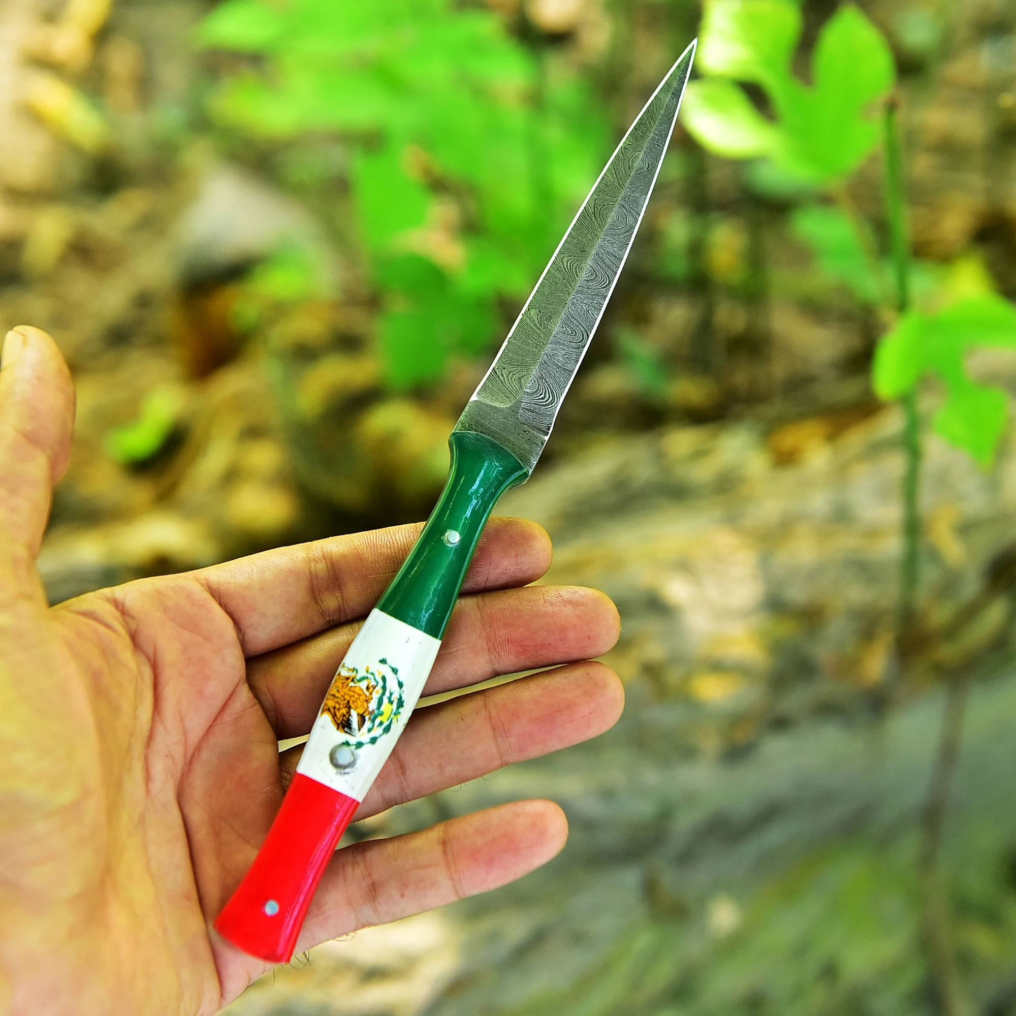 Handmade Damascus Steel Double Edged Blade Knife with Mexican Flag Handle Boot Knives - Image 7