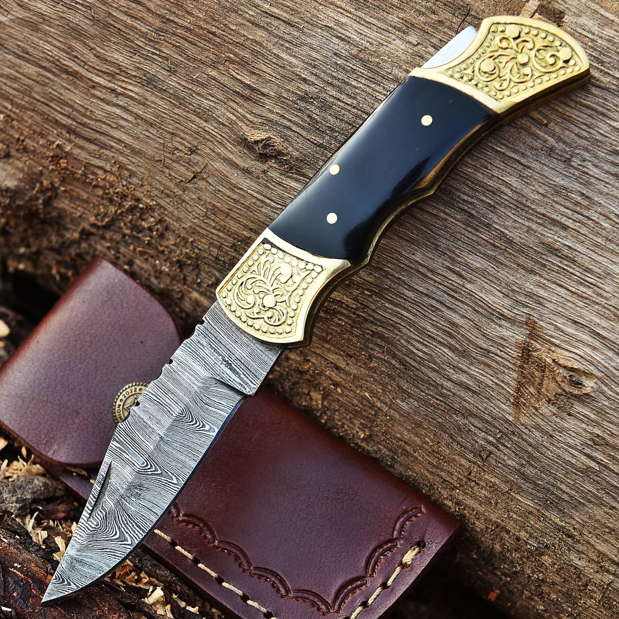 Handmade Damascus Steel Folding Blade Pocket Knife-Bull Horn Handle - Image 2