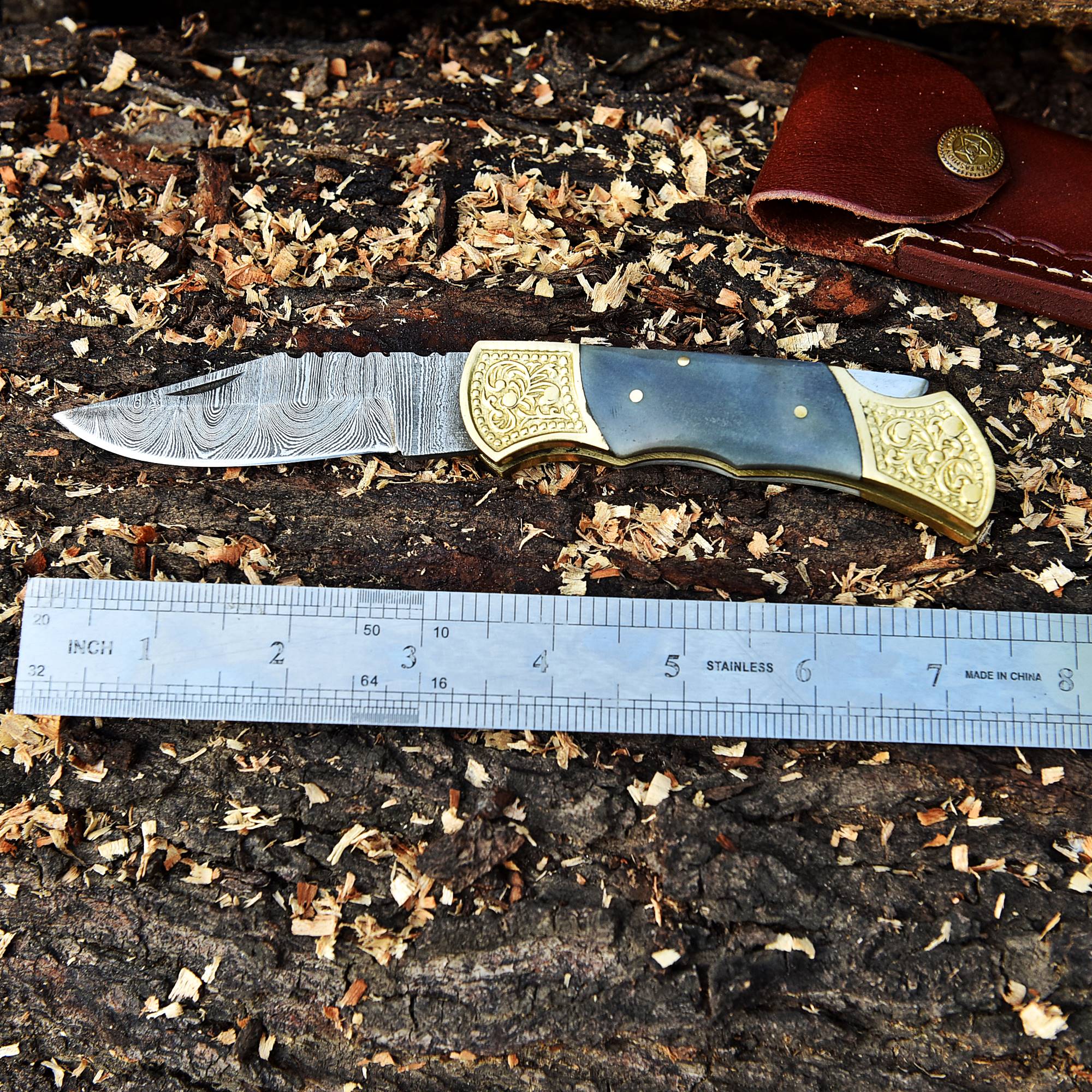 Handmade Damascus Steel Folding Blade Pocket Knife-Gray Bone Handle - Image 4