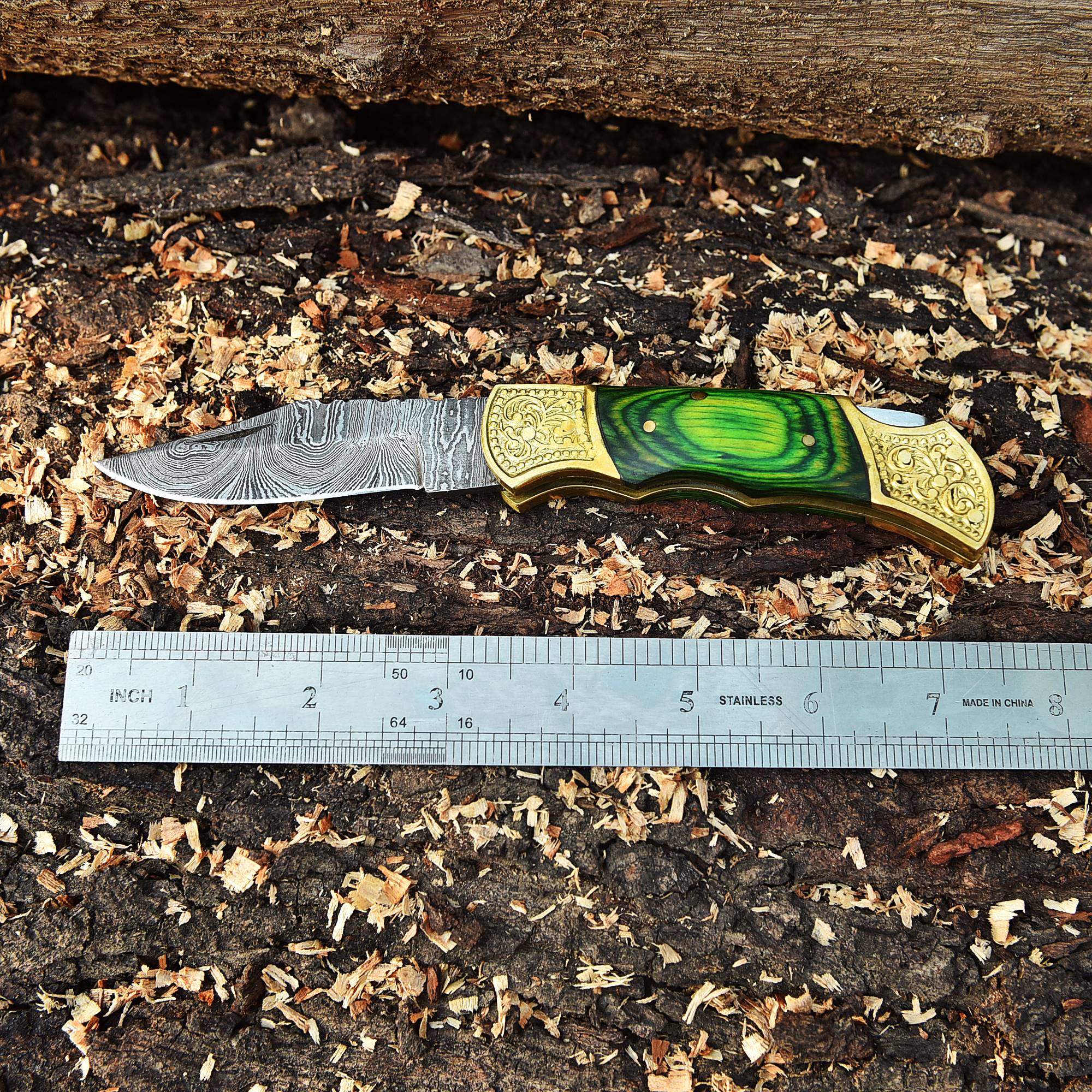 Handmade Damascus Steel Folding Blade Pocket Knife-Green PakkaWood Handle - Image 3
