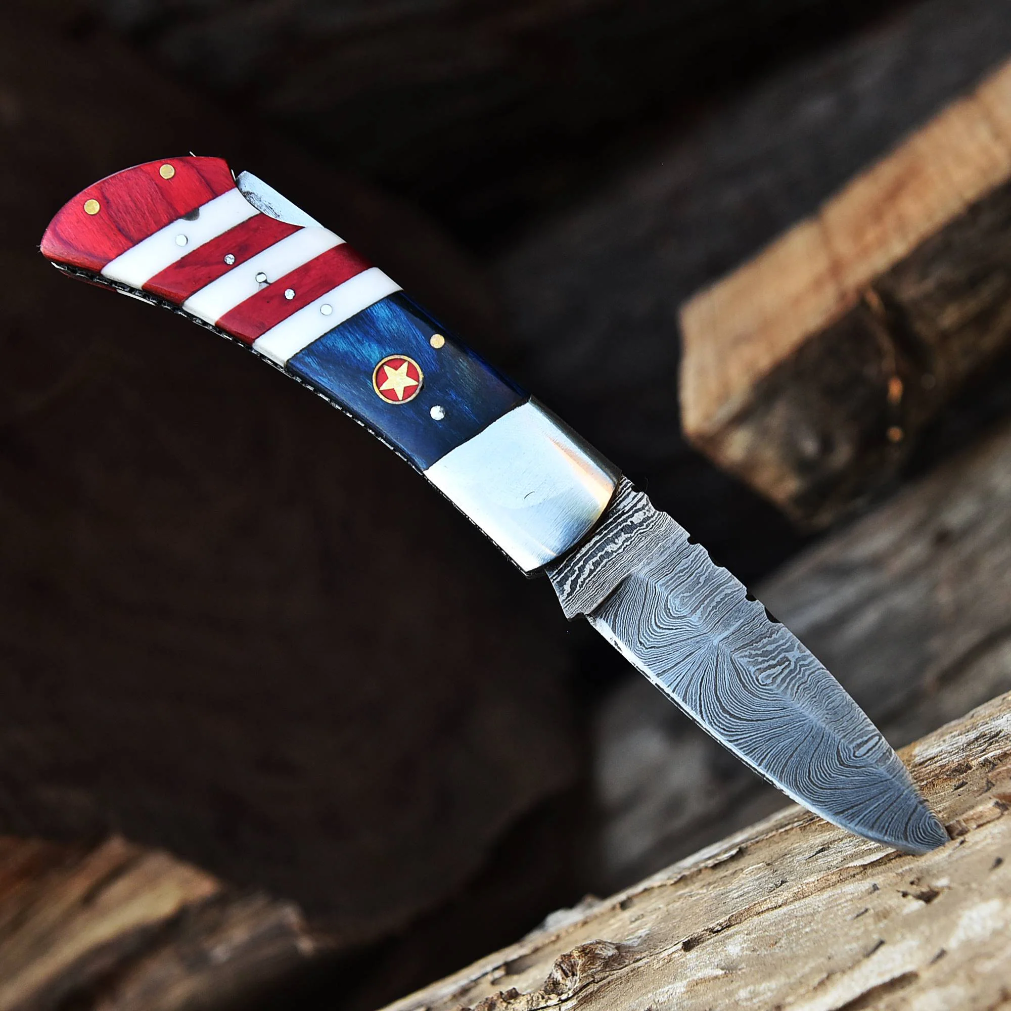 Handmade Damascus Steel Folding Knife Collector Knife Wood Resin Handle - Image 3