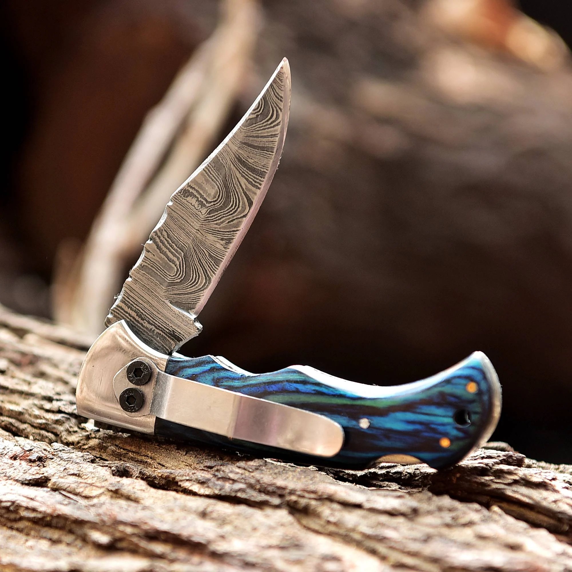 Handmade Damascus Steel Hunting Folding Blade Pocket Knife Wood Handle - Image 5