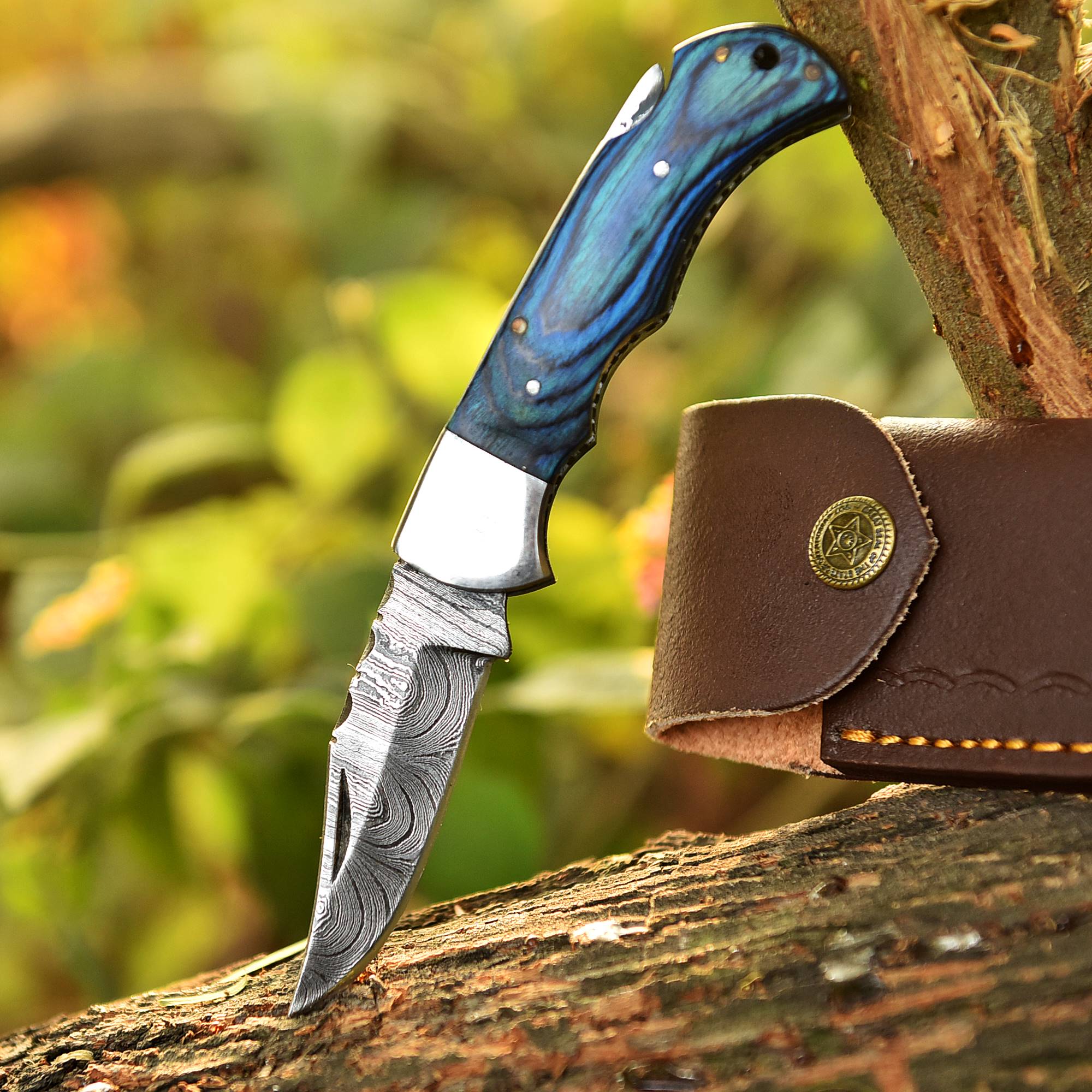 Handmade Damascus Steel Hunting Folding Blade Pocket Knife Wood Handle - Image 6