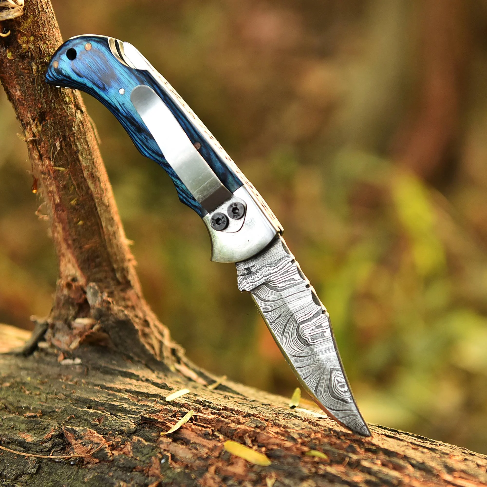 Handmade Damascus Steel Hunting Folding Blade Pocket Knife Wood Handle - Image 7