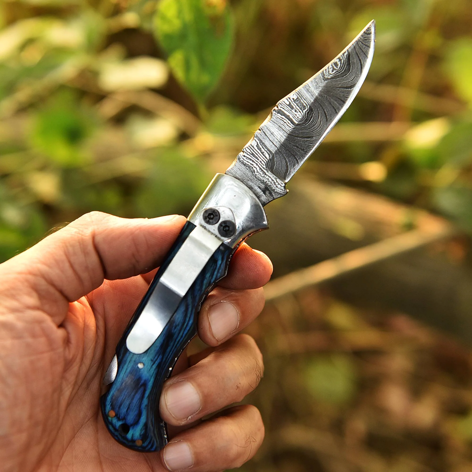 Handmade Damascus Steel Hunting Folding Blade Pocket Knife Wood Handle - Image 8
