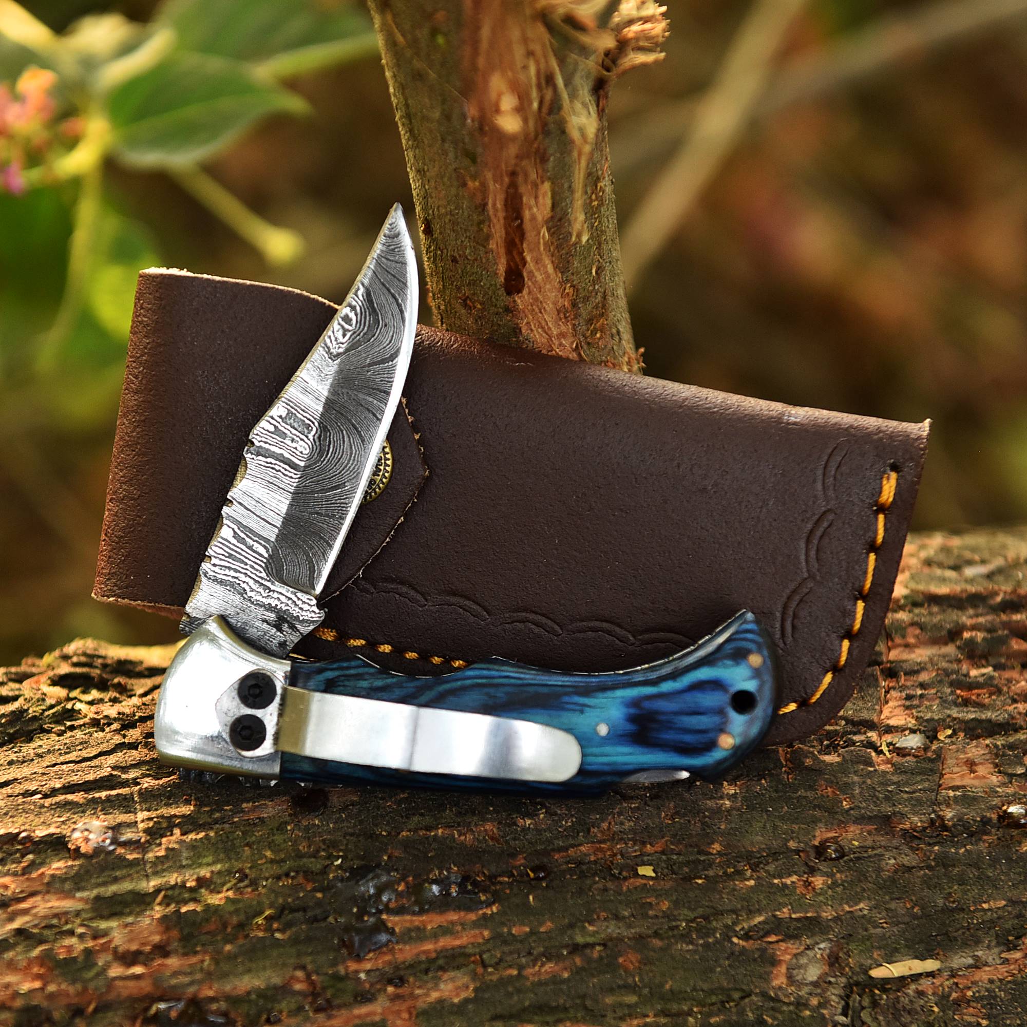 Handmade Damascus Steel Hunting Folding Blade Pocket Knife Wood Handle - Image 9