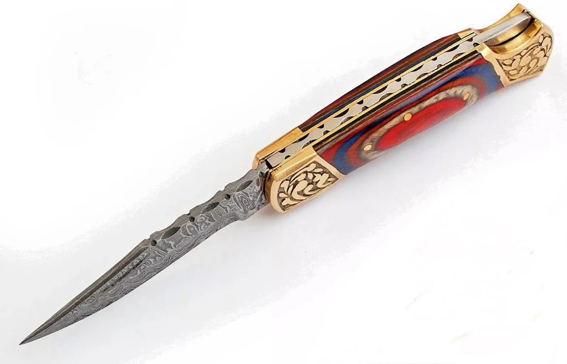 Handmade Damascus Steel Lock-Back Folding Blade Pocket knife With Leather Sheath - Image 3