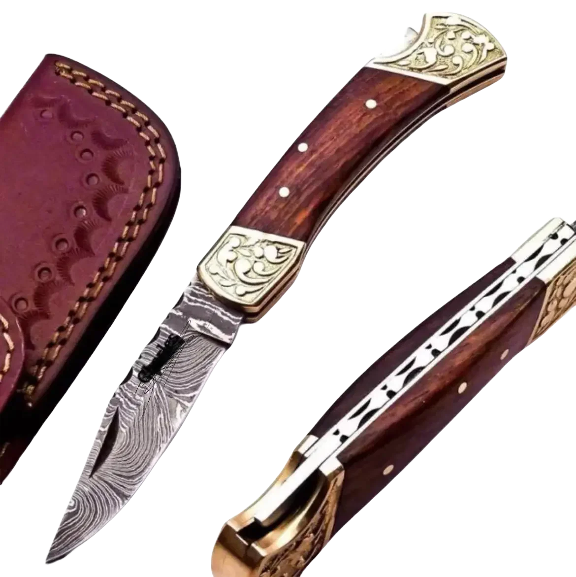 Handmade Damascus Steel Lock-Back Folding Blade Pocket knife With Leather Sheath - Image 4