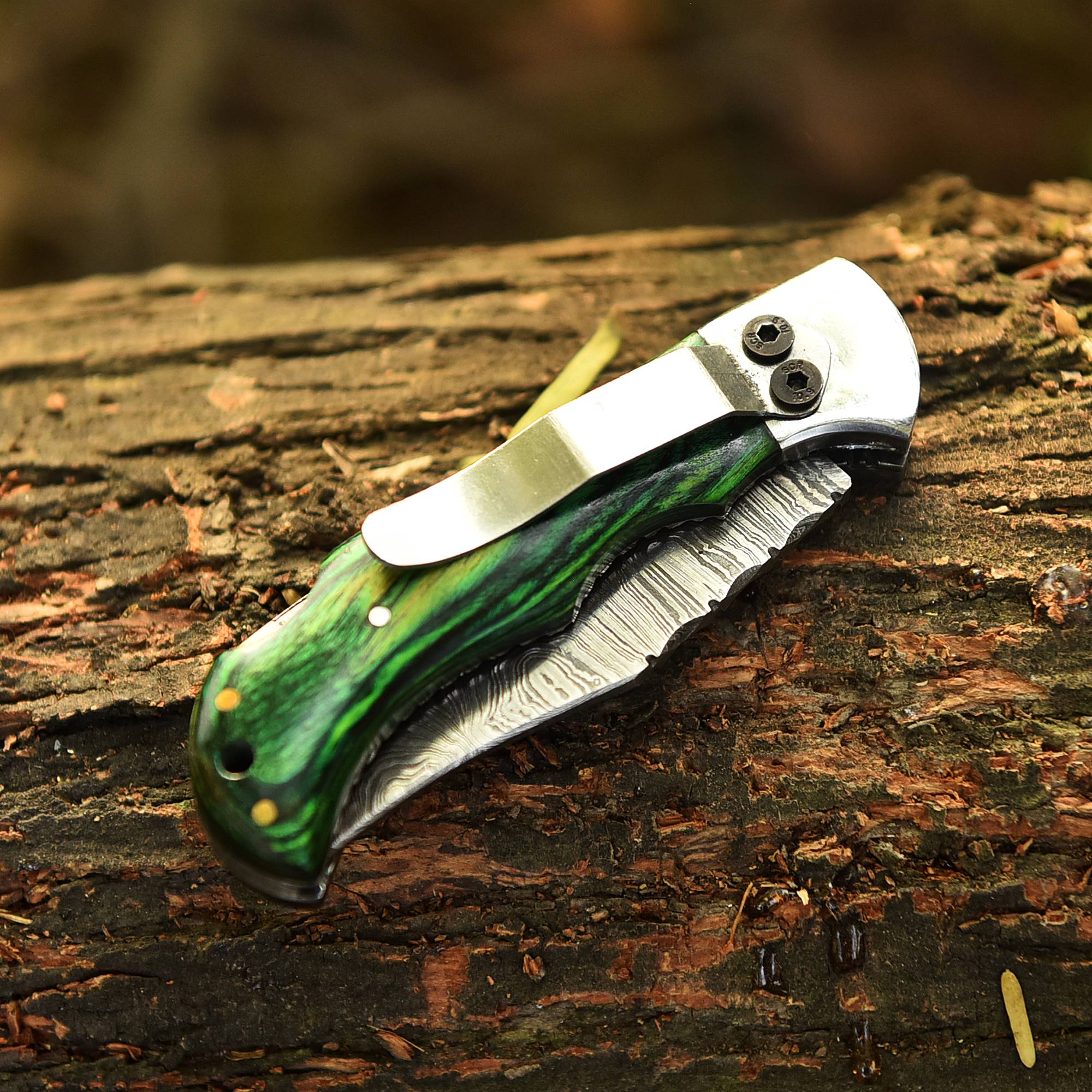 Handmade Damascus Steel Outdoor Hunting  Folding Pocket Knife Wood Handle - Image 10