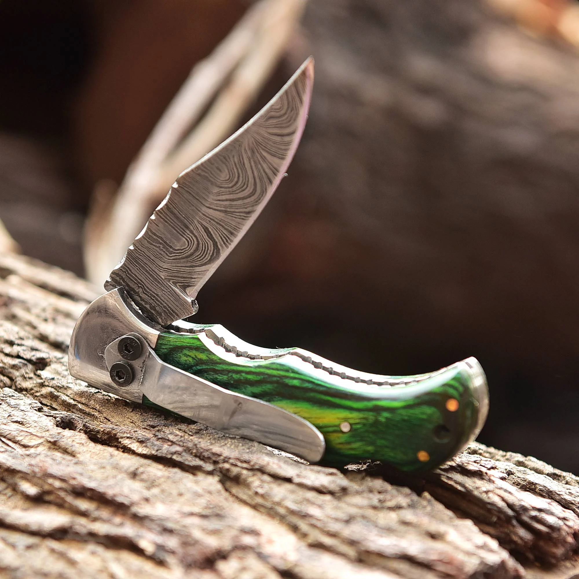 Handmade Damascus Steel Outdoor Hunting  Folding Pocket Knife Wood Handle - Image 5