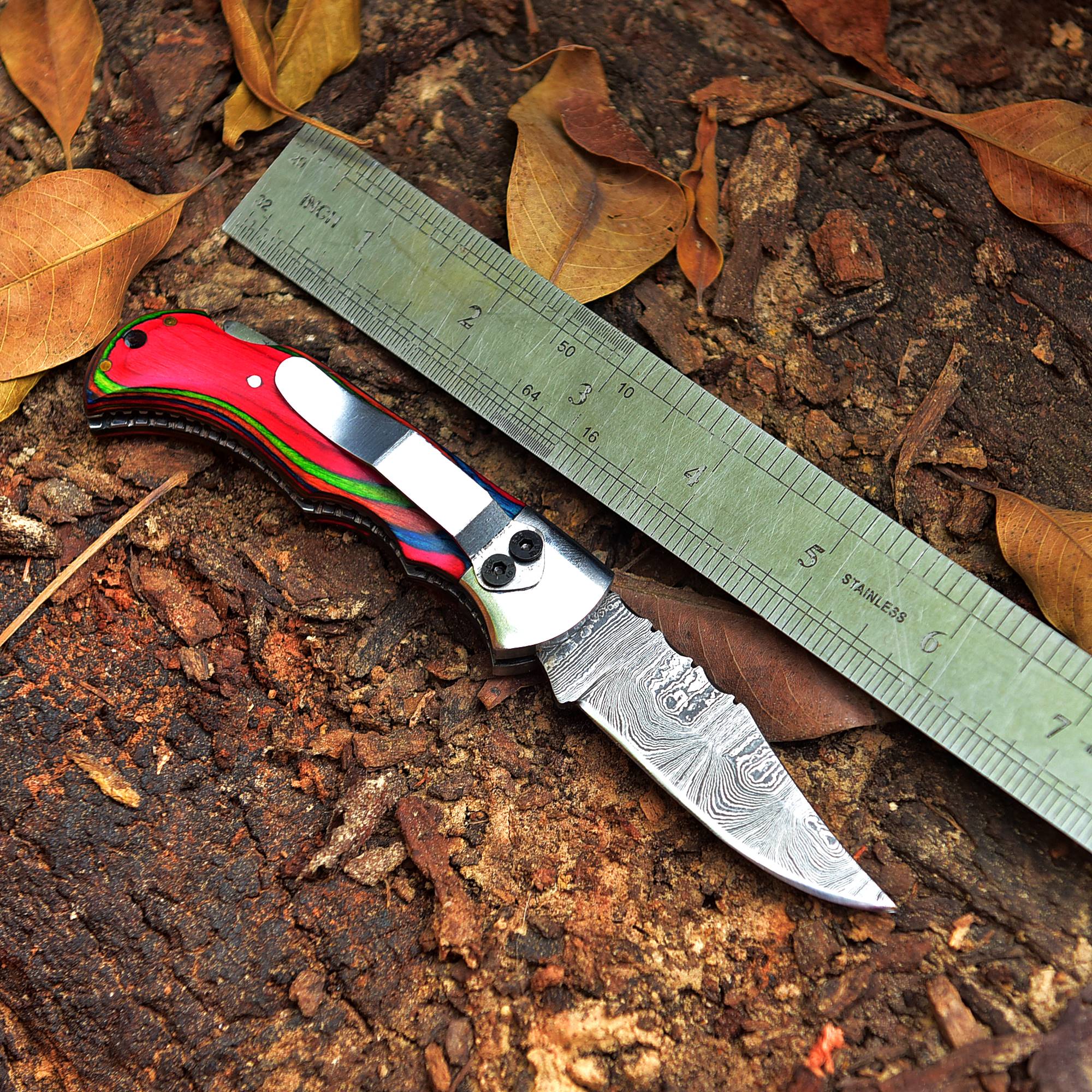 Handmade Damascus Steel Pocket Folding Blade Knife - Cilp Holder Wood Handle - Image 3