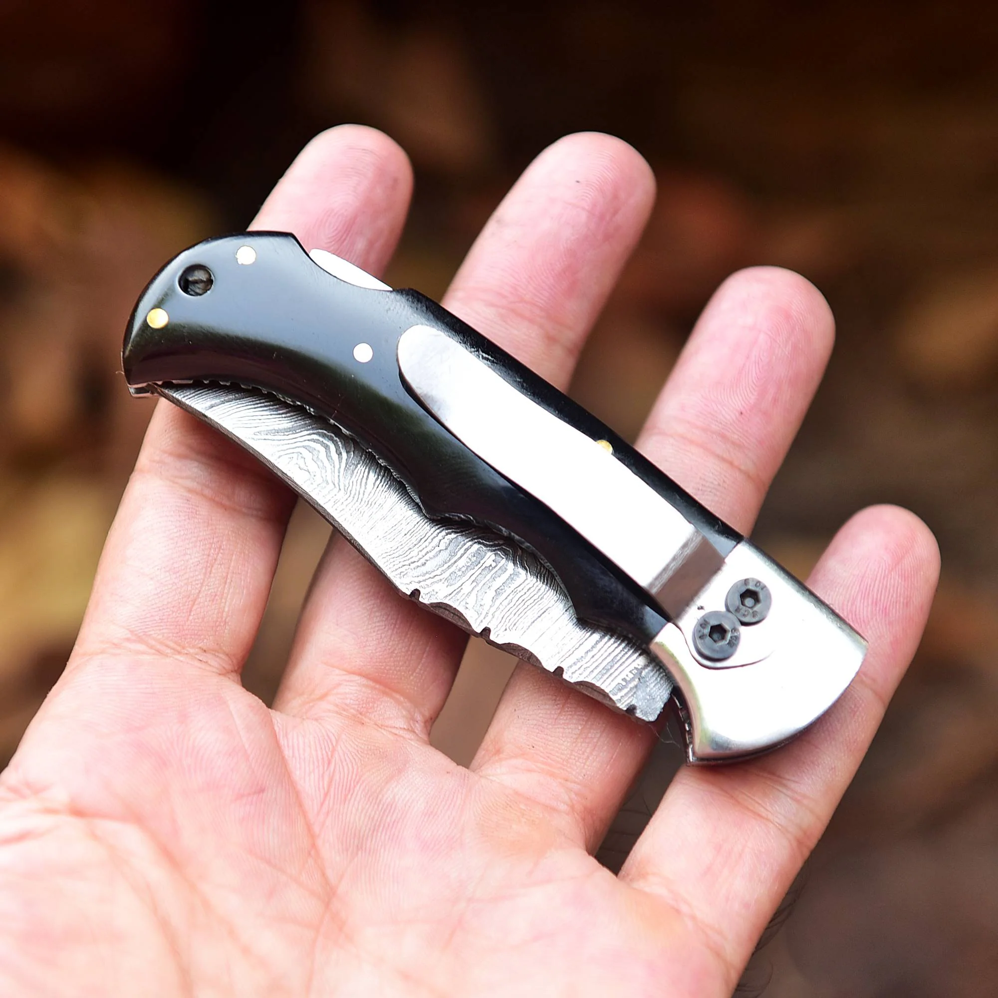 Handmade Damascus Steel Pocket Folding Blade Knife - Clip Holder Handle - Image 4