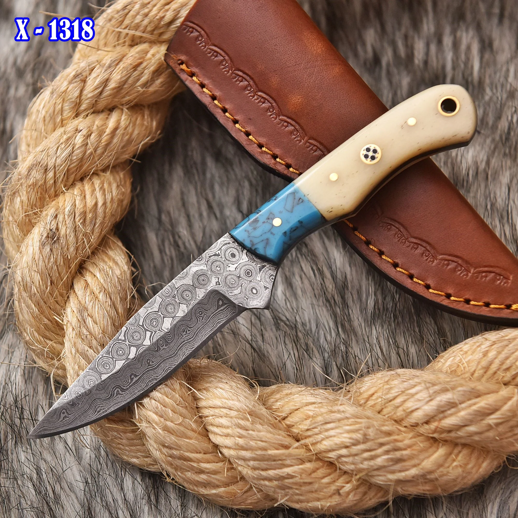 Handmade Damascus Steel Skinner Knife Camel Bone Resin Handle Full Tang - Image 2
