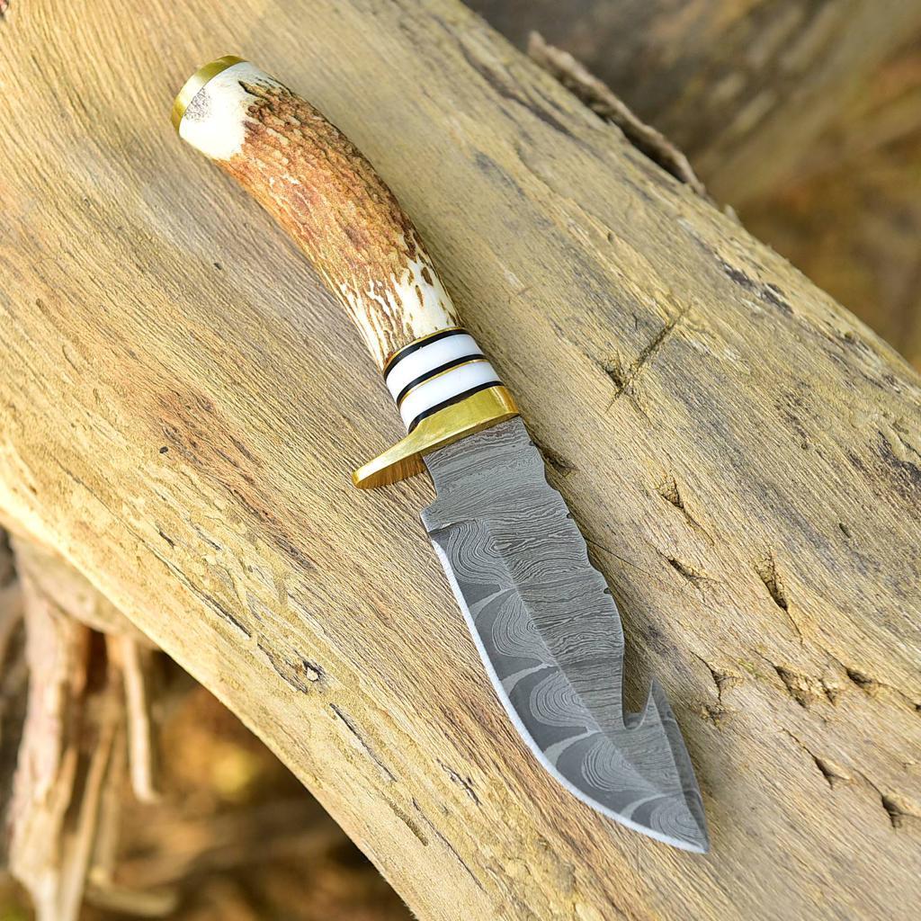 Handmade Damascus Steel Gut Hook Fixed Blade Skinning Knife Stag Antler Handle Brass Guard x-400 - Image 3