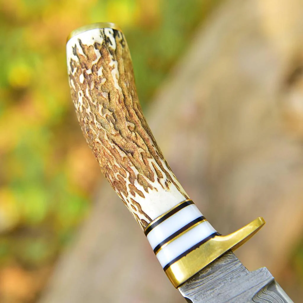 Handmade Damascus Steel Gut Hook Fixed Blade Skinning Knife Stag Antler Handle Brass Guard x-400 - Image 5