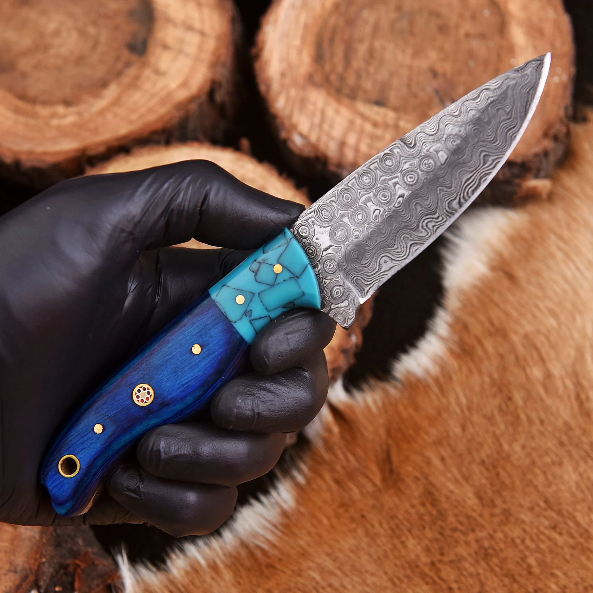 Handmade Damascus Steel Tactical Skinner Knife Wood Resin Handle EDC - Image 3