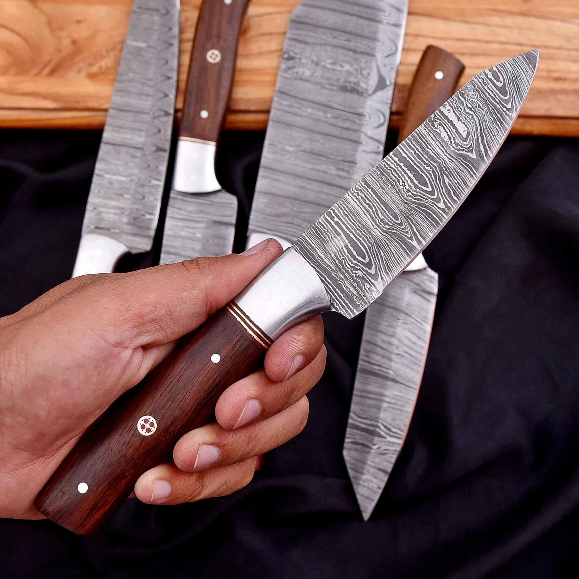 Handmade Forged Damascus Chef Knife Set Steel Bolster Wood Handle - Image 6
