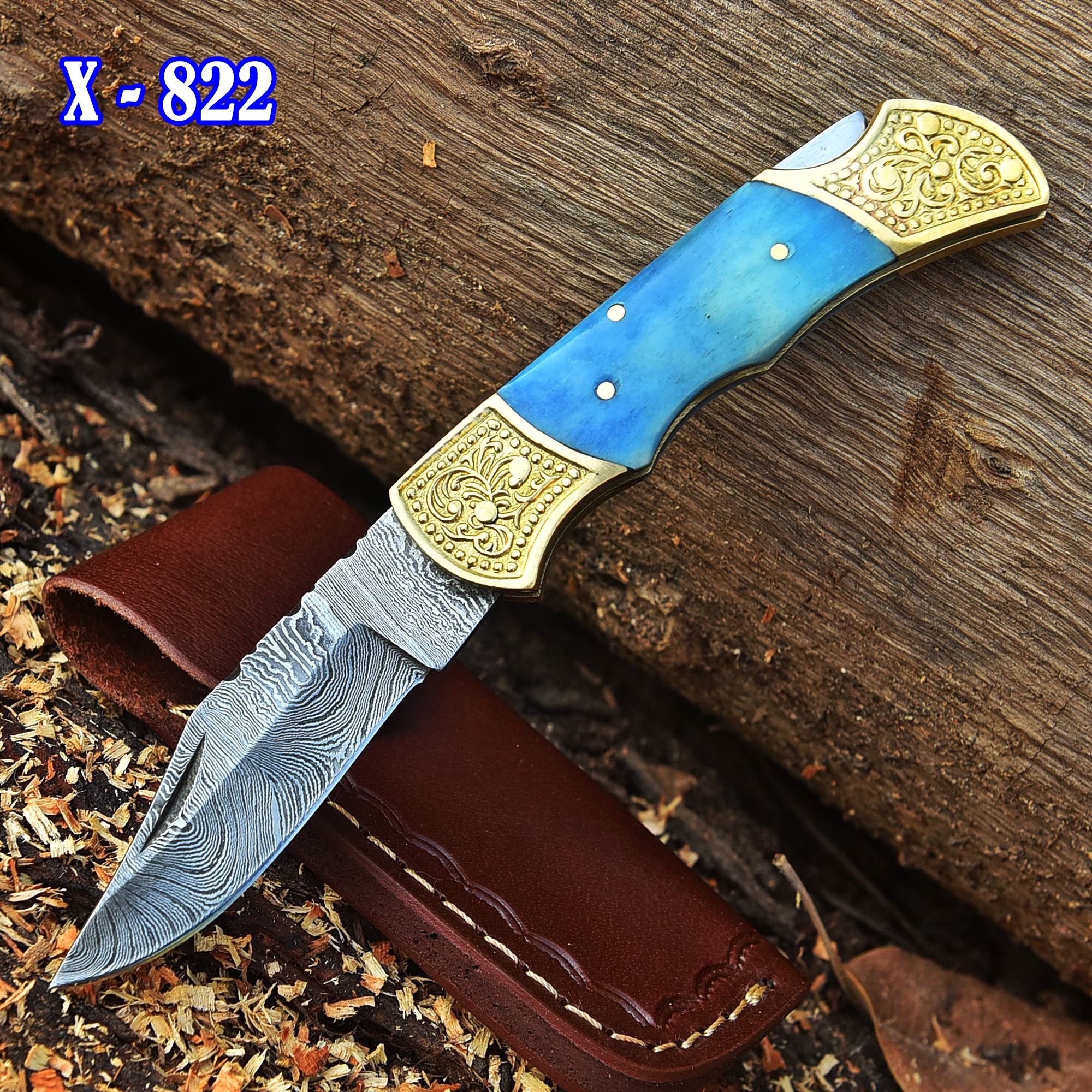 Handmade Damascus Steel Folding Blade Pocket Knife Lock Back - Blue Bone Handle - Image 2