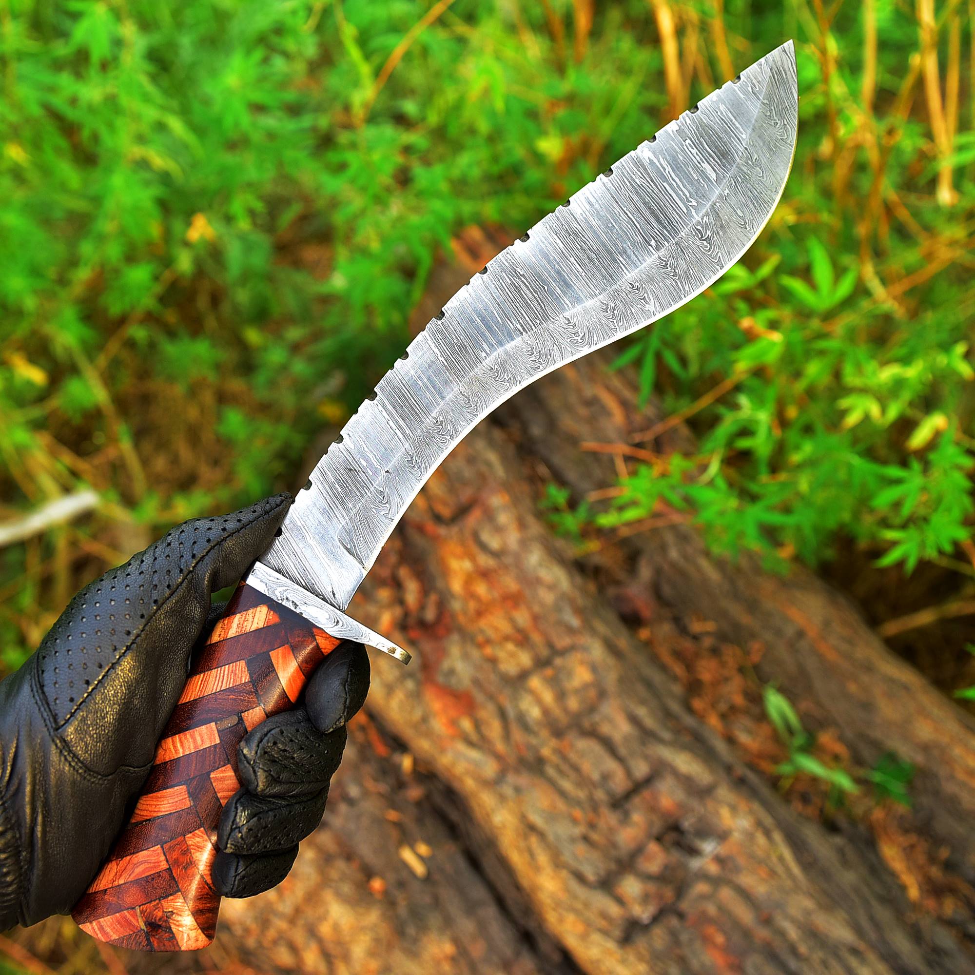 Handmade Forged Damascus Steel Hunting Bushcraft Kukri Knife Survival EDC 16” With Olive Wood Rose Wood Handle - Image 4