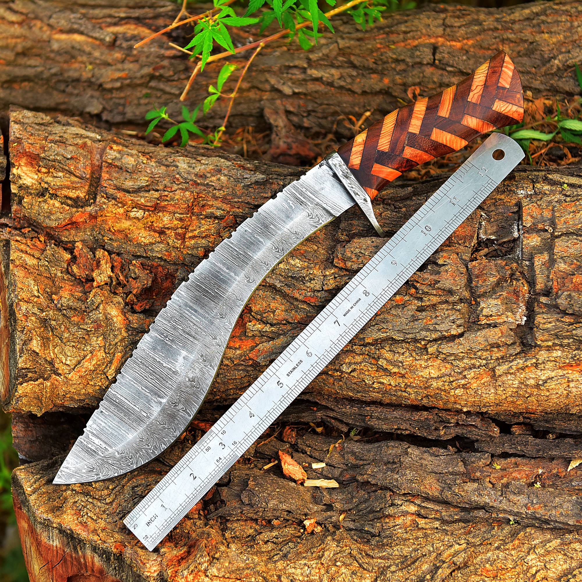 Handmade Forged Damascus Steel Hunting Bushcraft Kukri Knife Survival EDC 16” With Olive Wood Rose Wood Handle - Image 6
