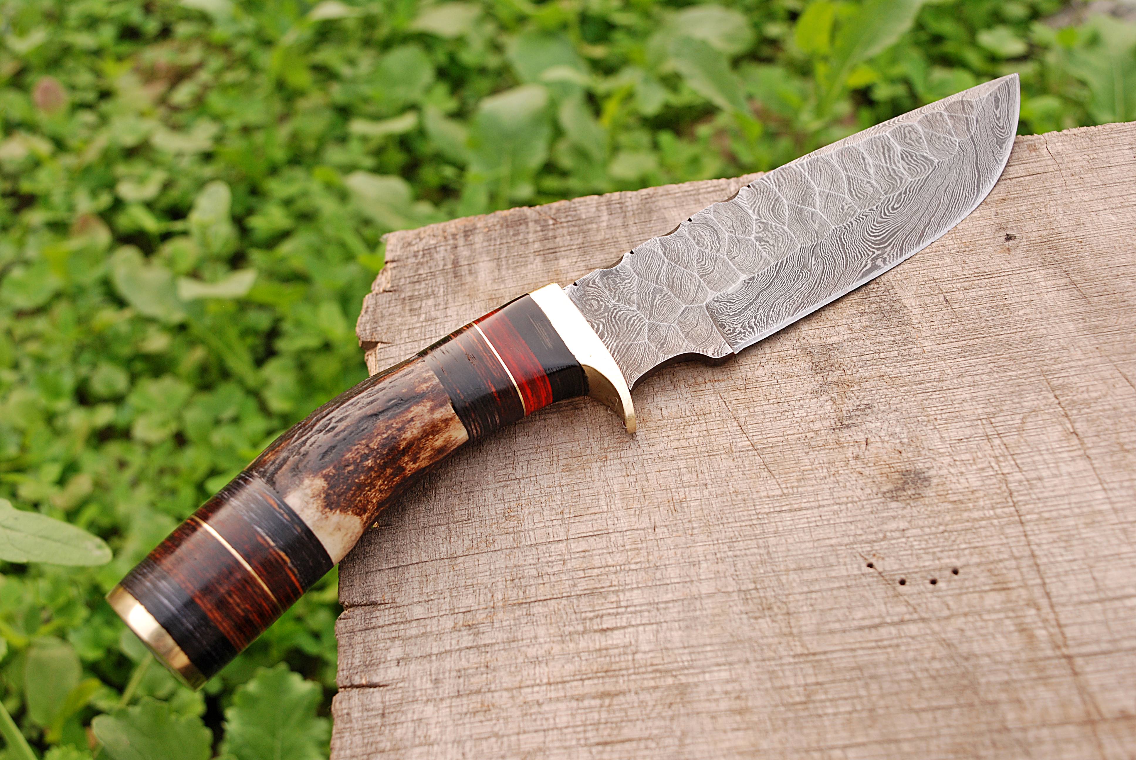 Handmade Forged Damascus Steel Kitchen Utility Knife Outdoor Camping with Deer Stag Antler Handle and Leather Sheath - Image 4
