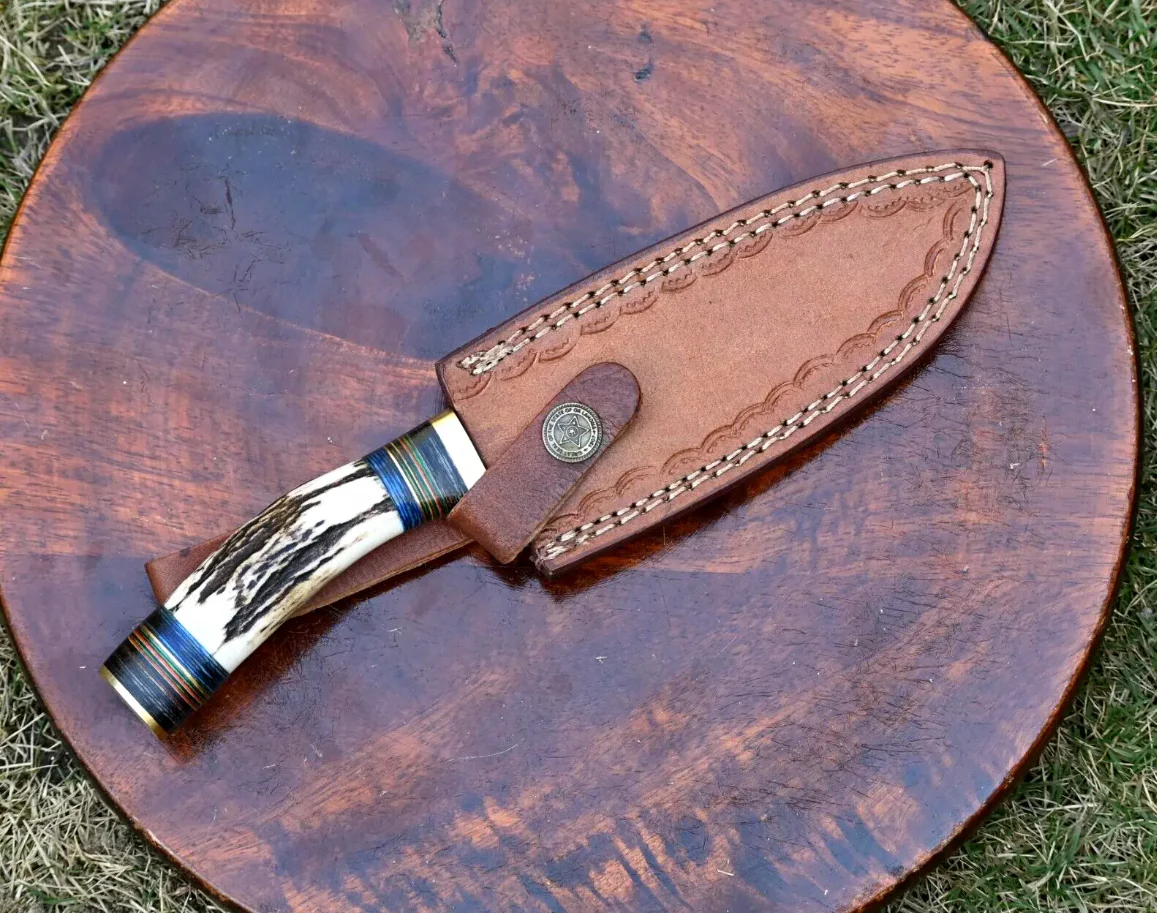 Handmade Forged Damascus Steel Kitchen Utility Knife Outdoor Camping with Deer Stag Antler Handle and Leather Sheath - Image 6