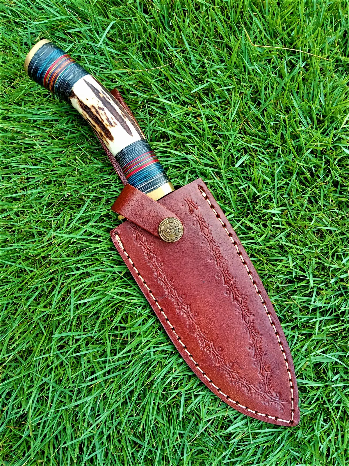 Handmade Forged Damascus Steel Kitchen Utility Knife with Deer Stag Antler Handle and Leather Sheath - Image 6