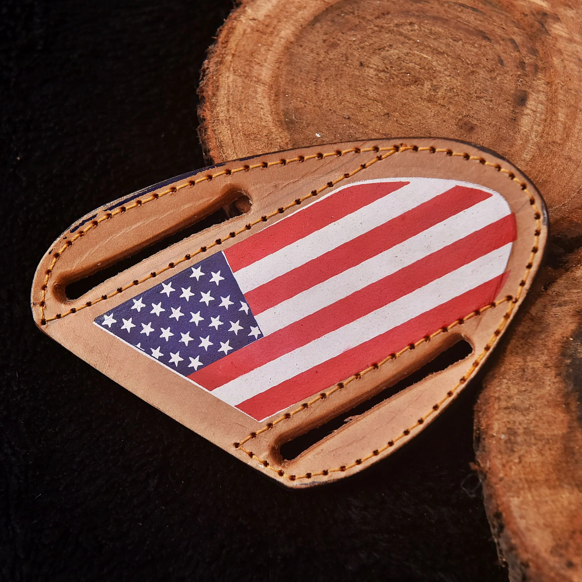 Handmade Heavy Duty American Flag Engraved Leather Folding Knife Sheath - Image 3